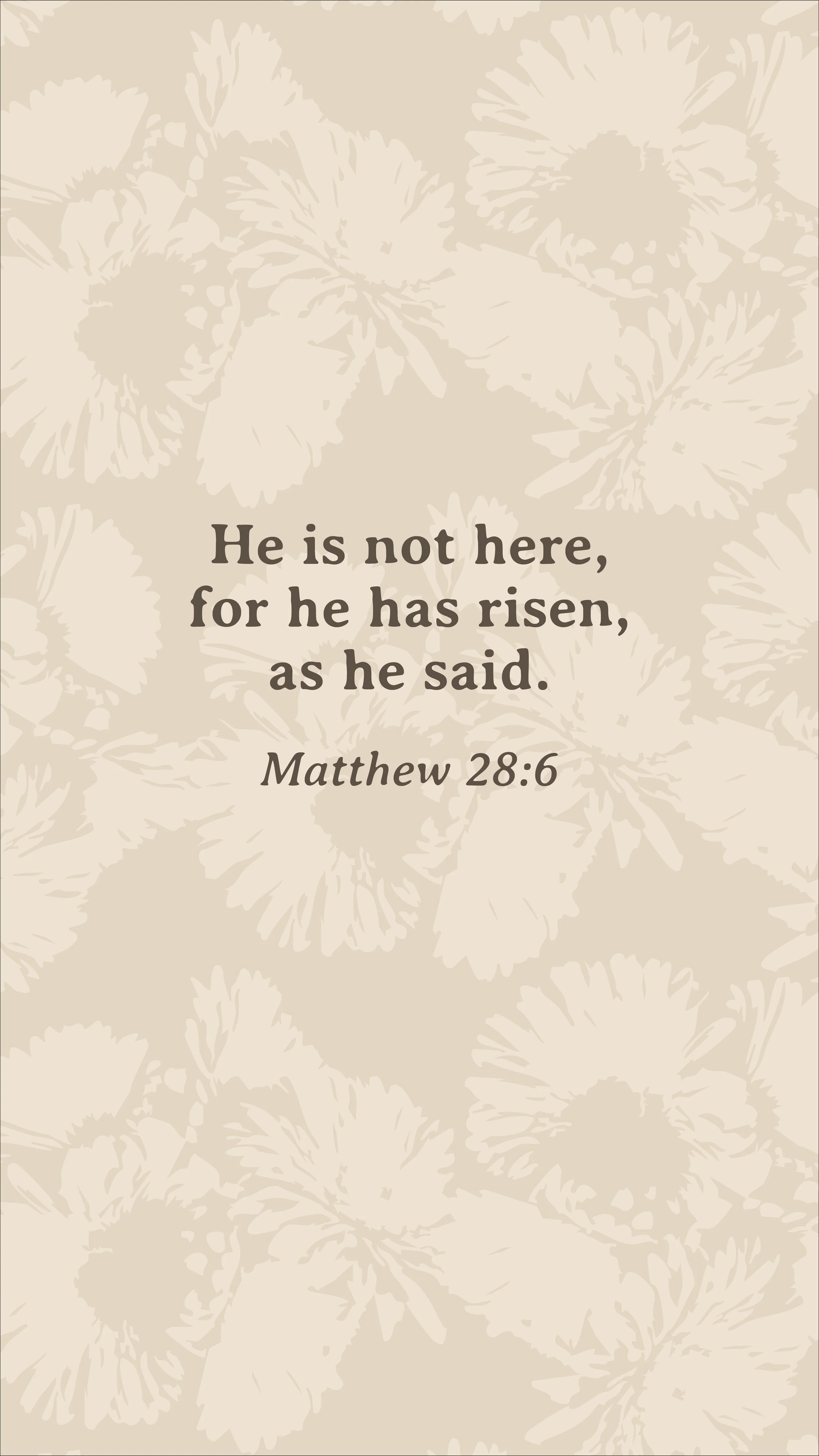 Matthew 28:6 scripture wallpaper in warm wheat tones with soft floral lace pattern
