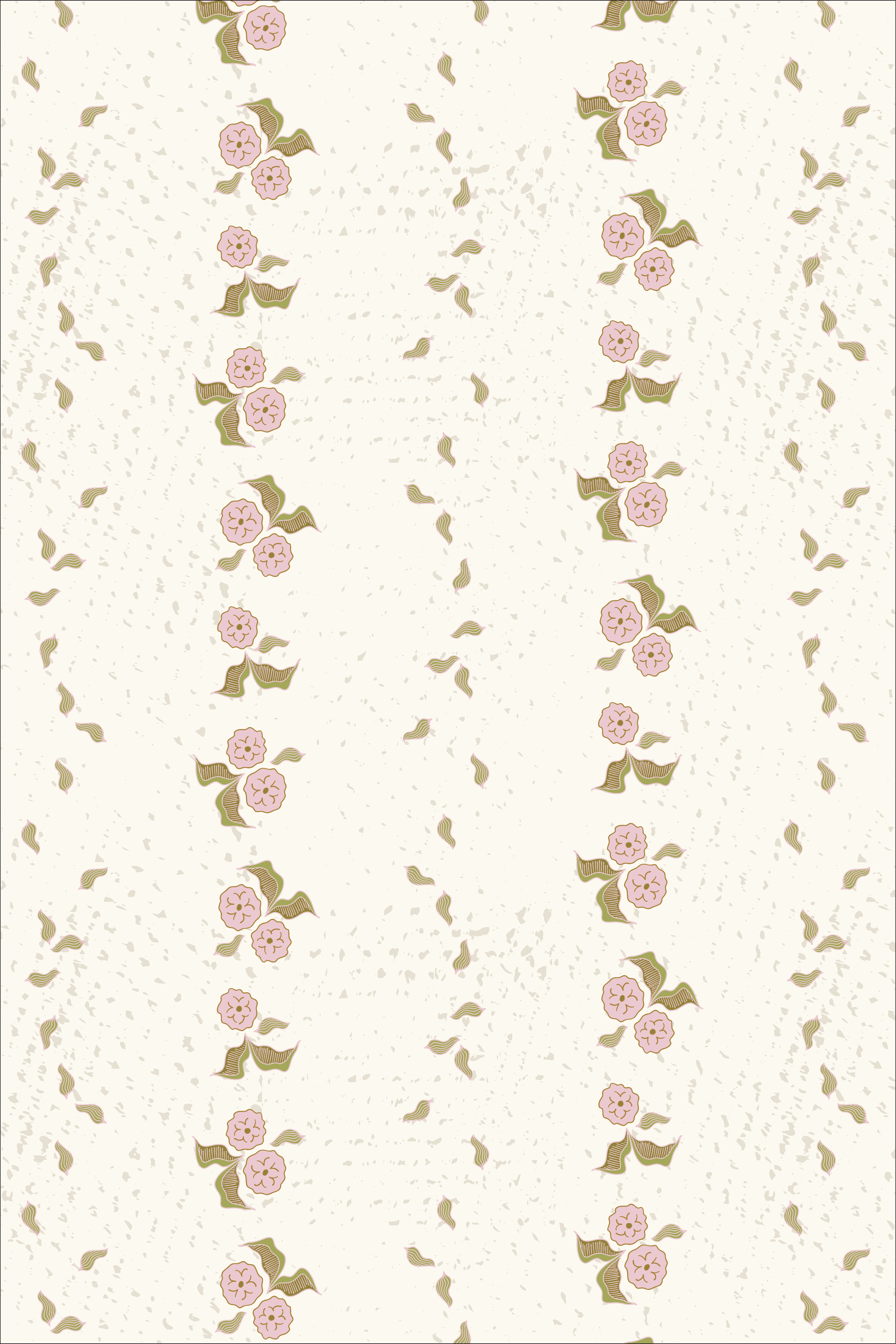 Romantic floral stripe with scalloped rhythm created by pink blossoms and olive leaves on soft ivory ground, Sweet Girl collection
