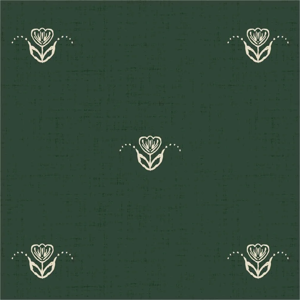 Scandi Tulip pattern with widely spaced ivory tulips on a textured forest green background.