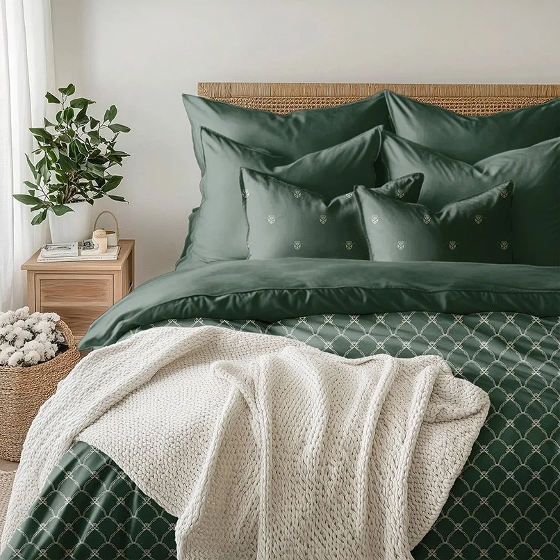 Forest Pine green Scandi Tulip bedding with small floral motifs and a coordinating scalloped geometric pattern, layered with a white knit blanket.