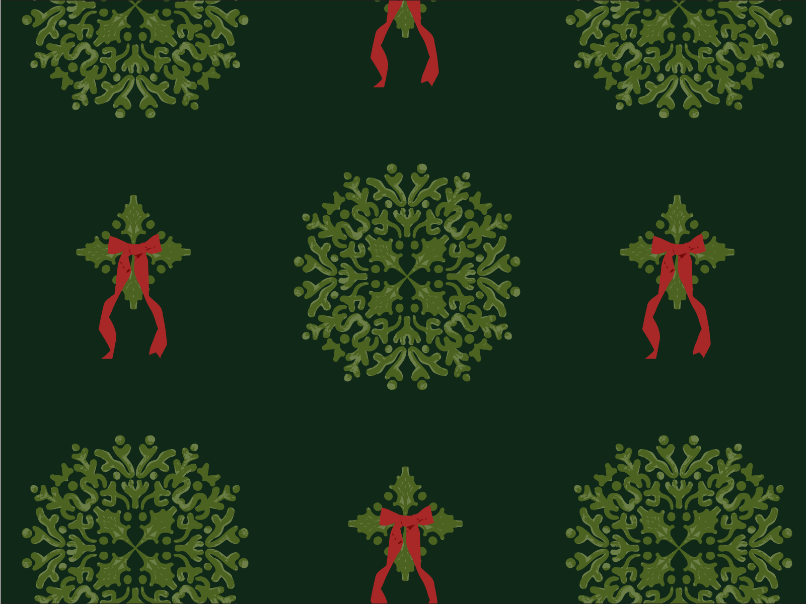 Greenery medallions and mistletoe with red ribbons on a dark green background, arranged in a pattern.