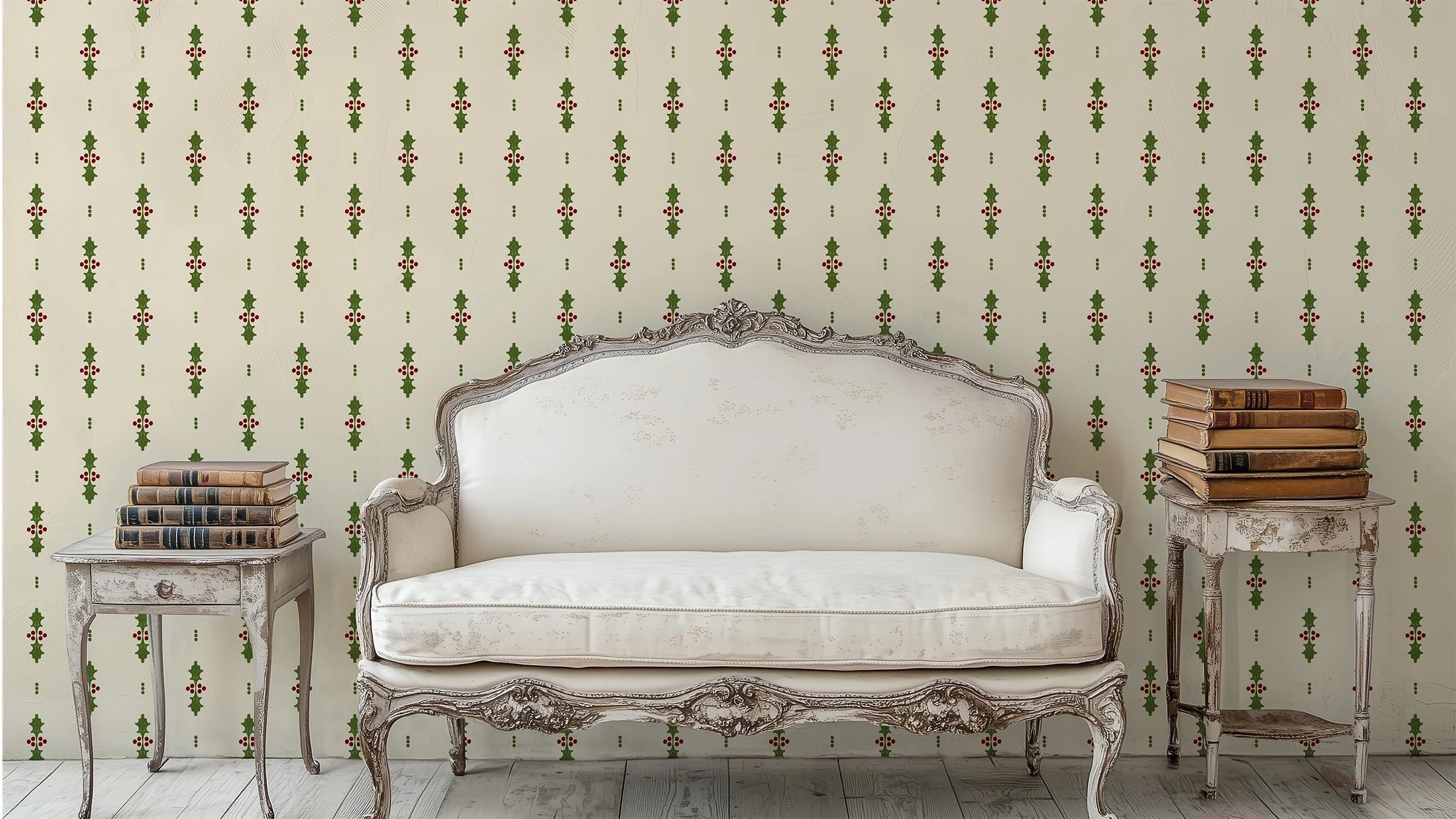 Victorian Holiday Holly Stripe wallpaper in Heirloom Cream creates a refined backdrop, blending vintage charm with a calm, evenly spaced holiday pattern.