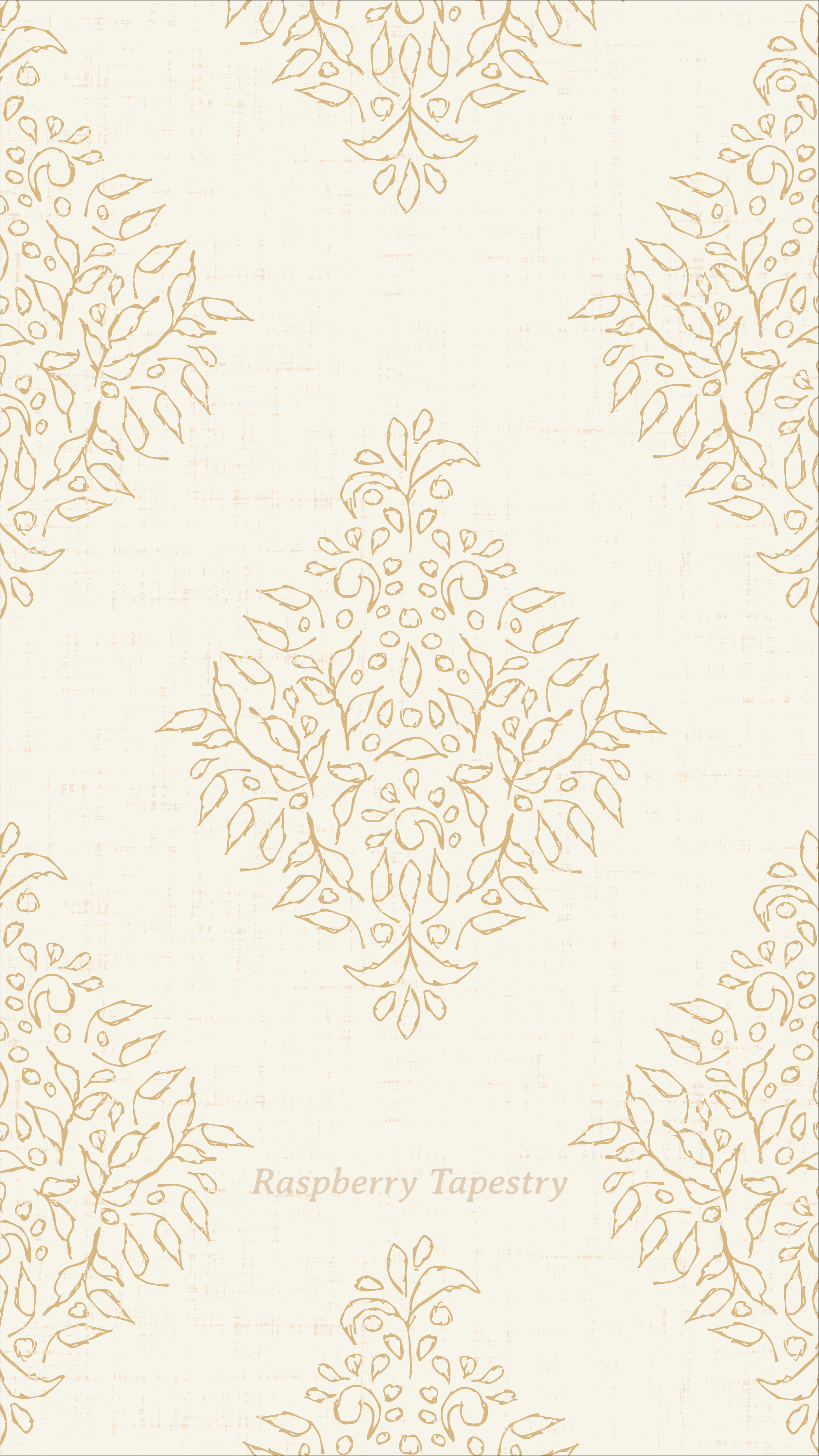 Hand Drawn Grove Vine pattern featuring delicate gold vine and leaf motifs arranged in a repeating damask layout on an ivory textured background.