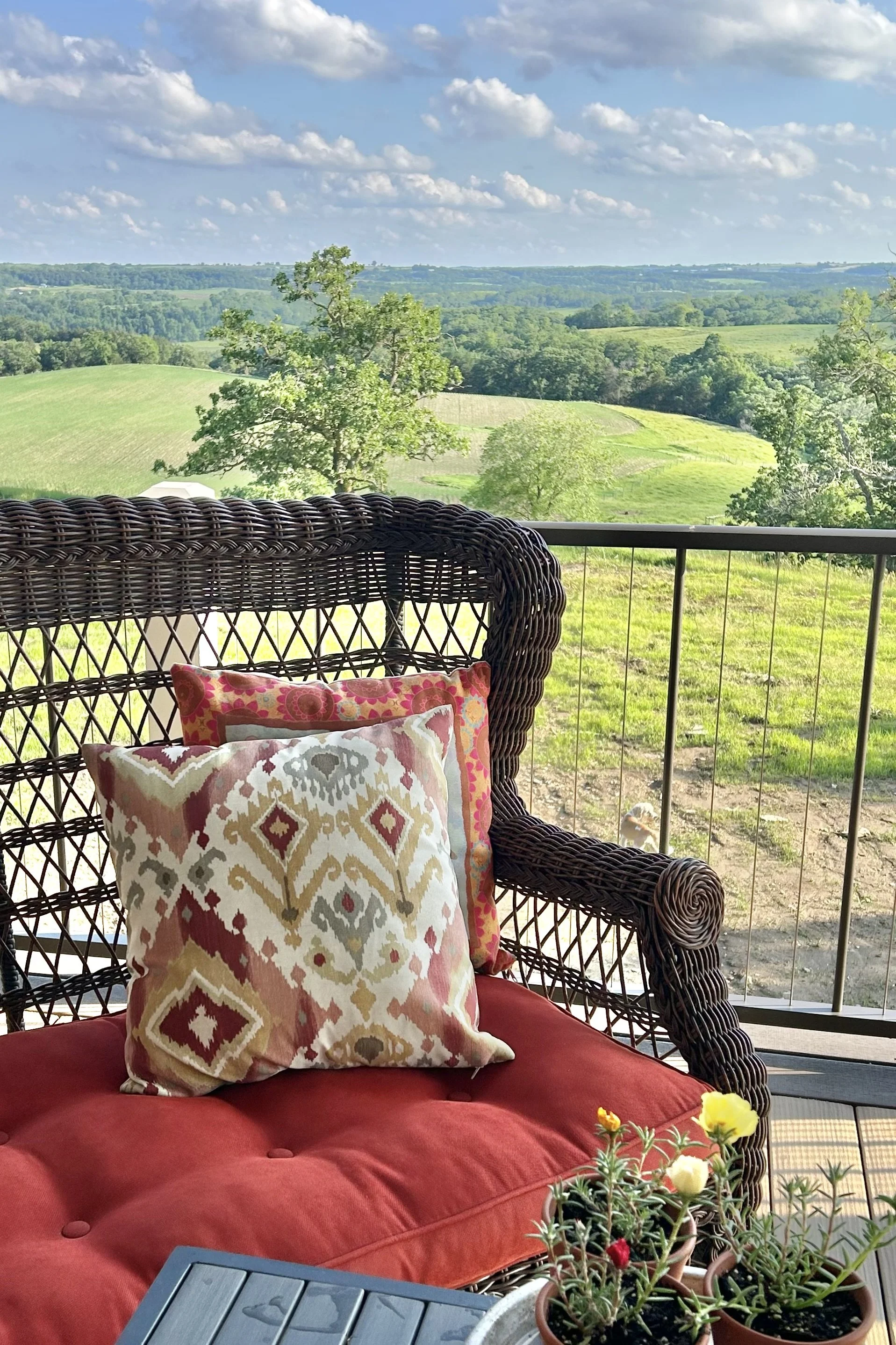 Wicker loveseat with colorful pillows overlooking rolling farmland from the covered back deck.
