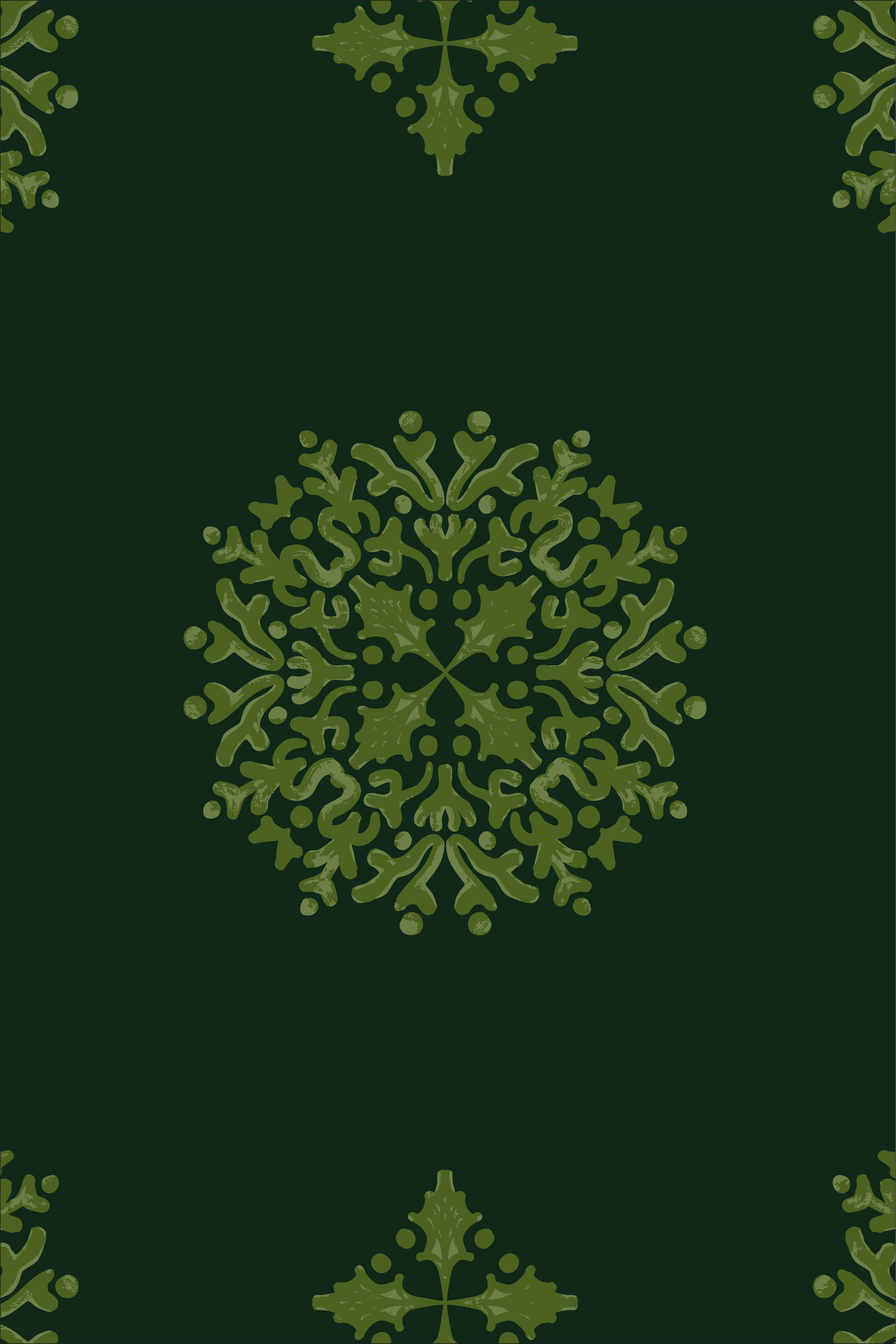 Deep evergreen damask pattern with clustered botanical leaf motifs, inspired by traditional greenery forms and classic textile design