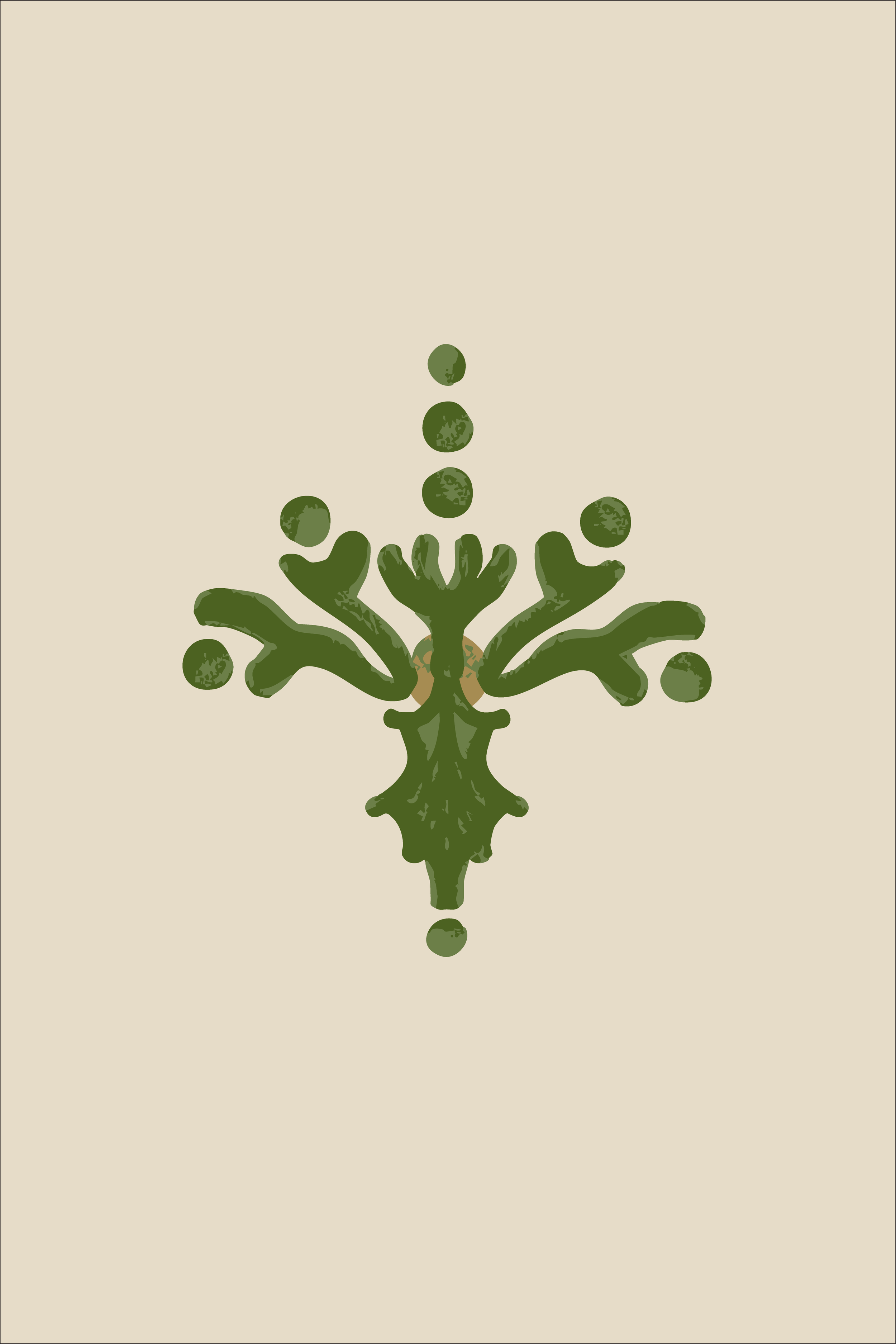 Large scale botanical damask pattern with green sprigs on a warm cream background, creating a soft and timeless neutral design