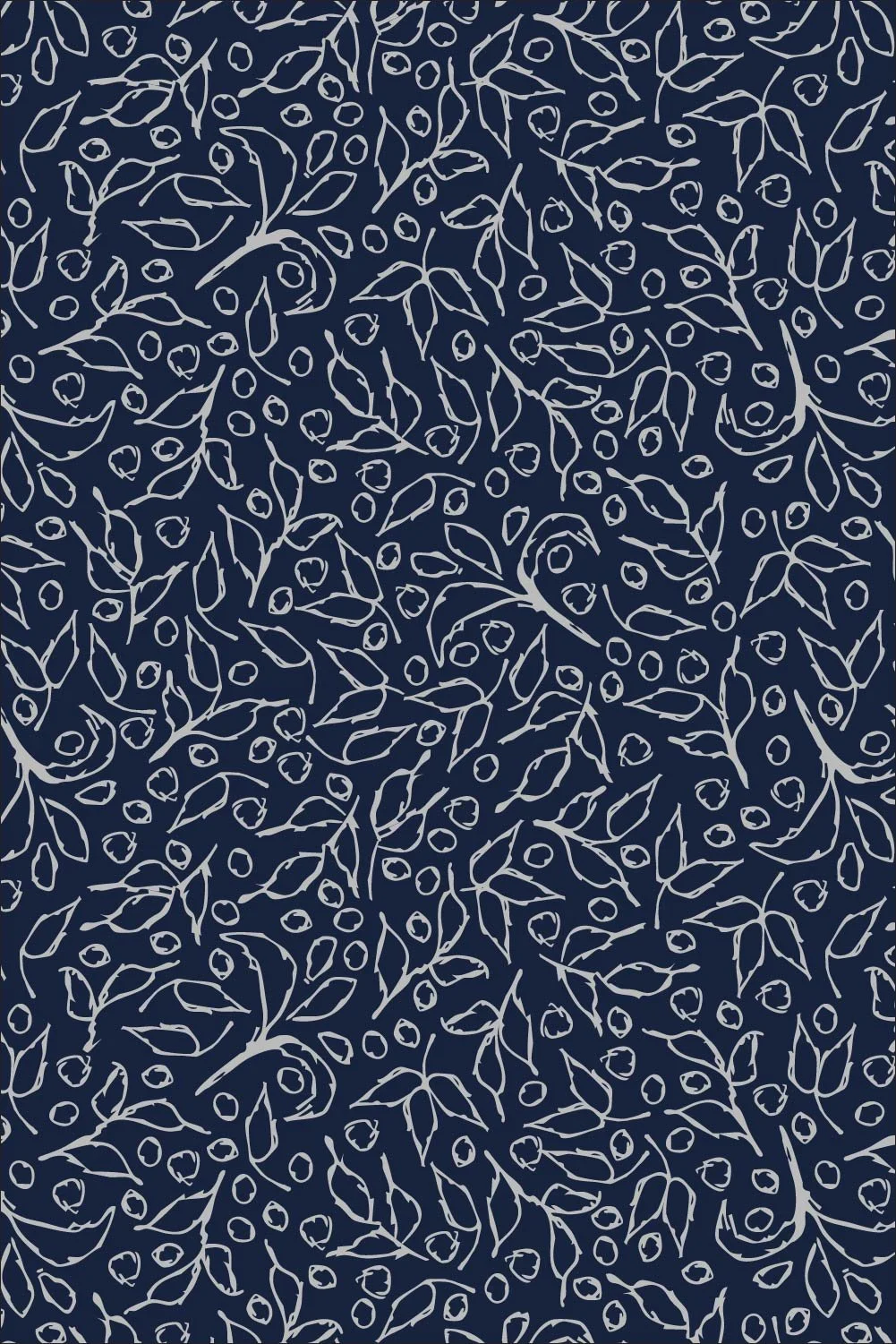 Blue gray Botanical Toss pattern on a deep navy blue background.