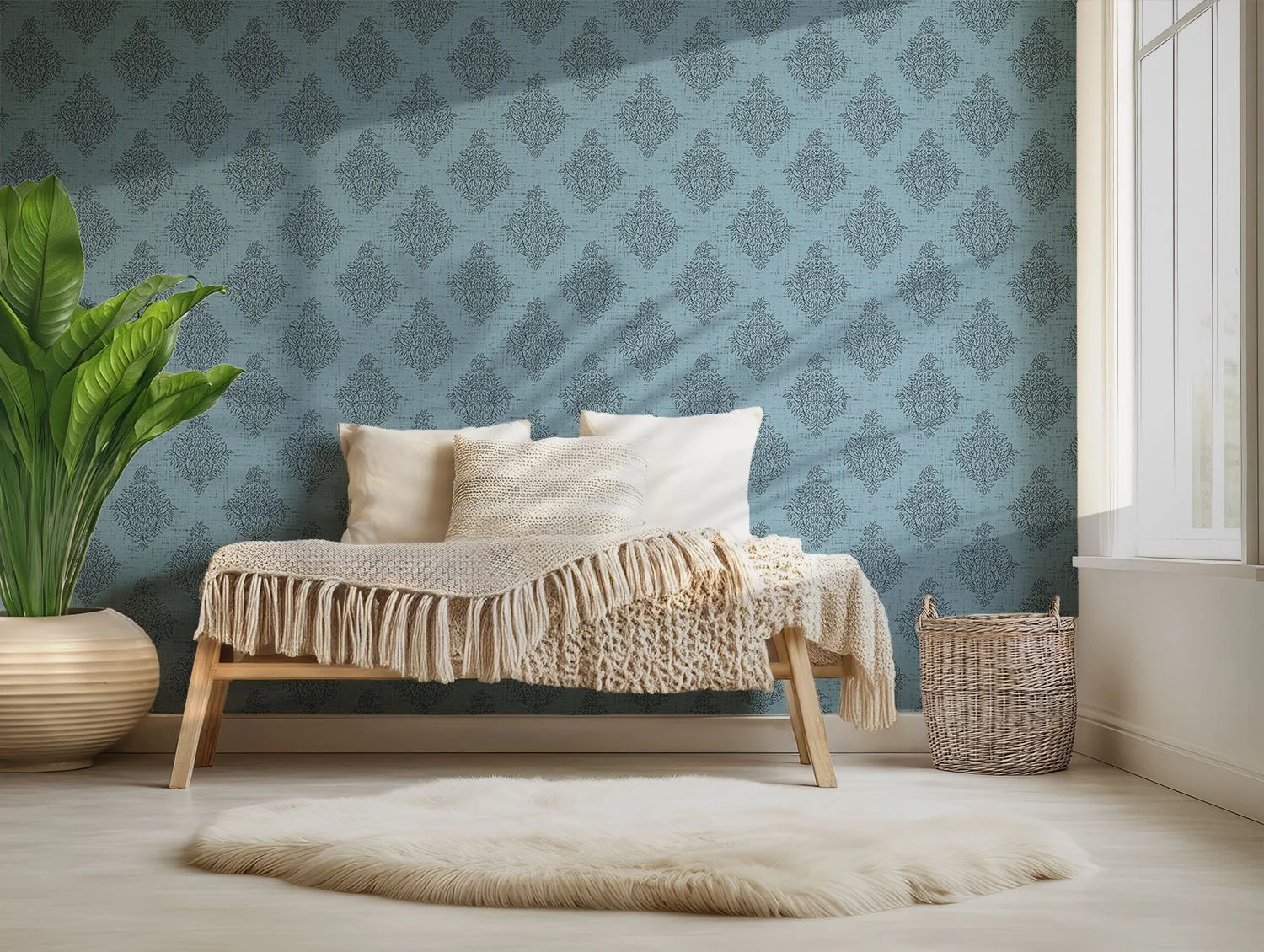 Charcoal Colonial Blue Quiet Garden Damask wallpaper in a light-filled room with a wood bench, layered cream textiles, woven basket and large green plant.