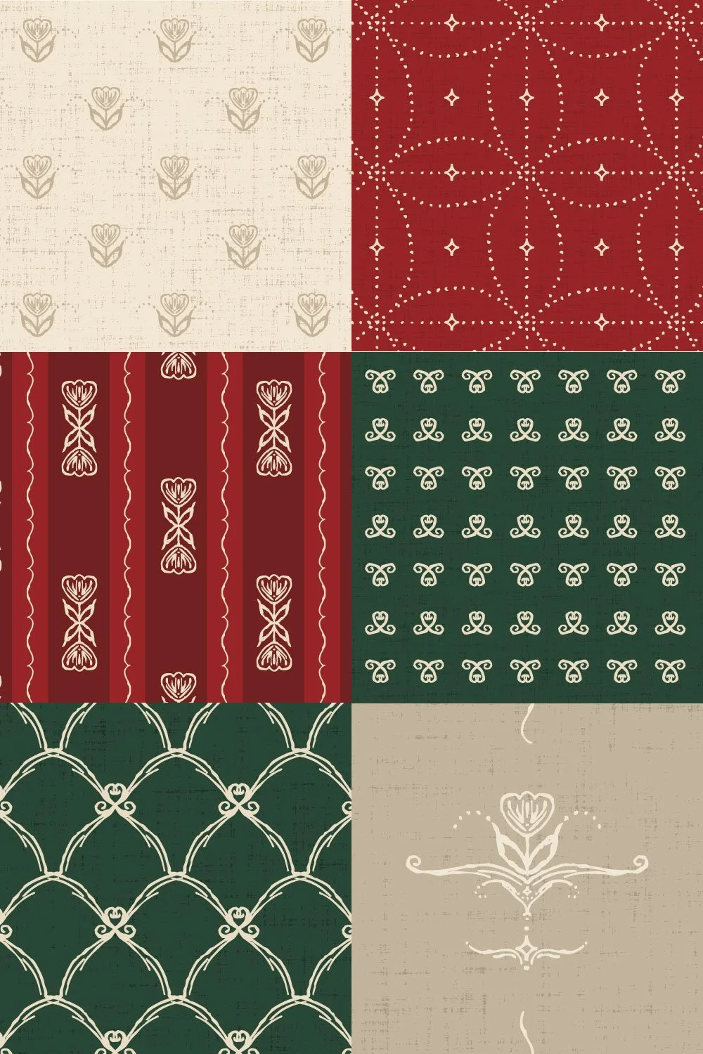 Six linen-look patterns in red, forest green, ivory and beige, featuring stylized tulips, floral stripes, dotted lattice, small curled motifs and interlocking arches.