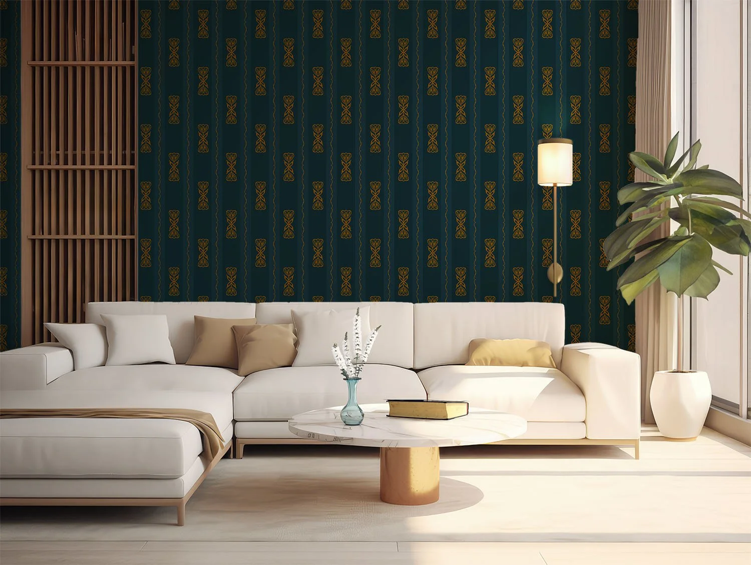 Fjord teal and antique gold Scandi Tulip floral stripe ribbon wallpaper behind a cream sectional sofa in a bright living room mockup.