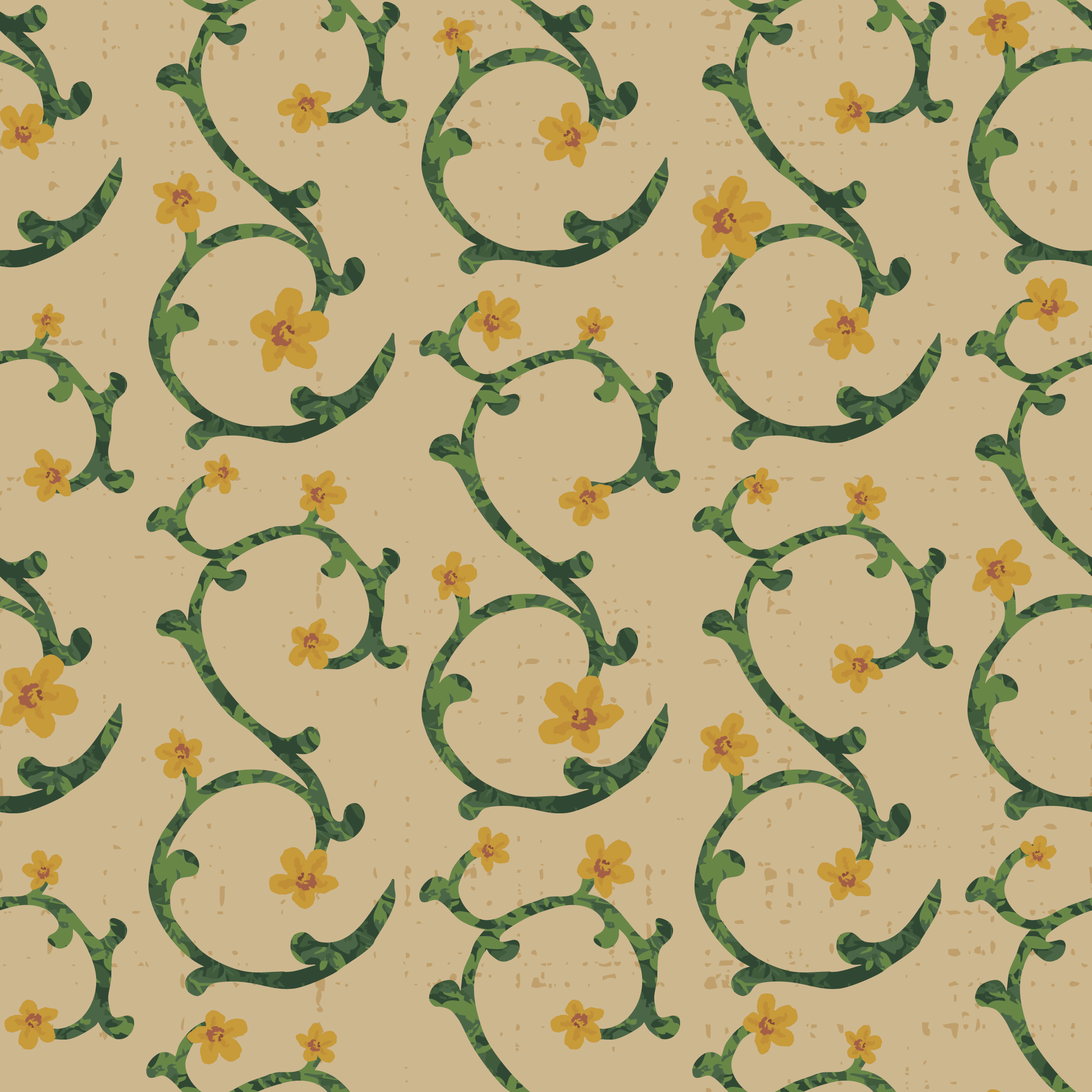 Seamless floral vine pattern with green curved stems and golden yellow blossoms on neutral beige