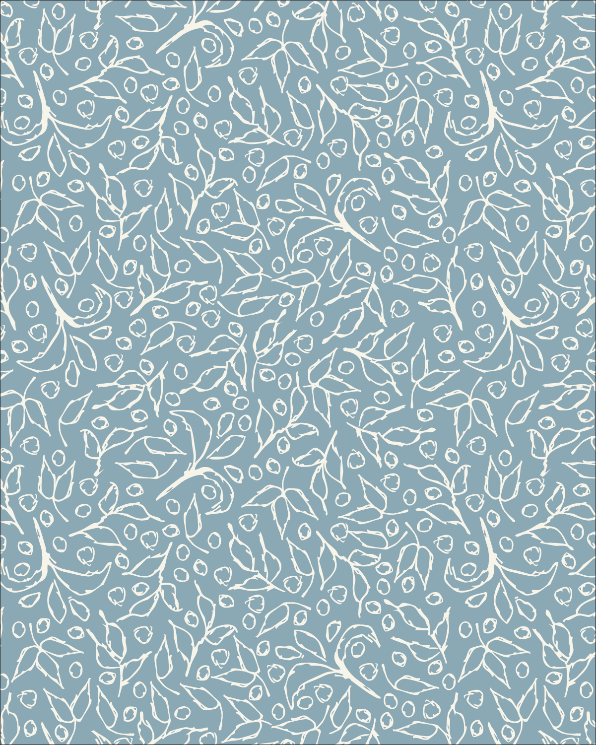 Botanical Toss pattern in colonial blue with antique ivory hand-drawn vines, leaves, and berries arranged in an all-over coordinating print.