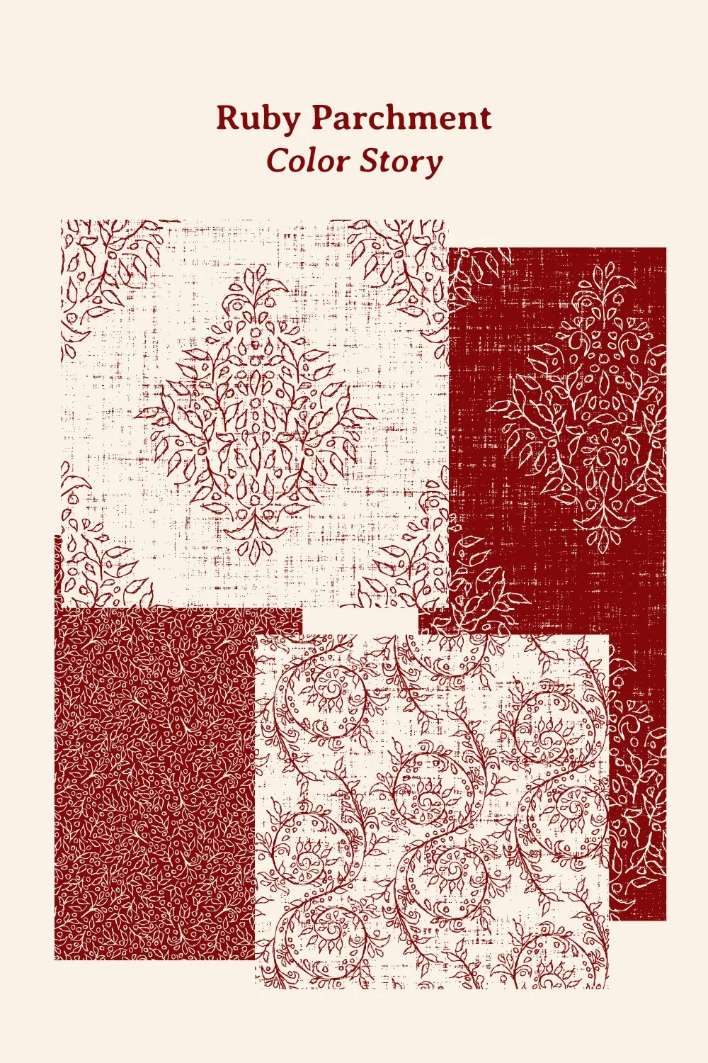 Four coordinating Grove Vine botanical patterns in ruby red and warm parchment, including damask, scrolling vine and small-scale floral designs.
