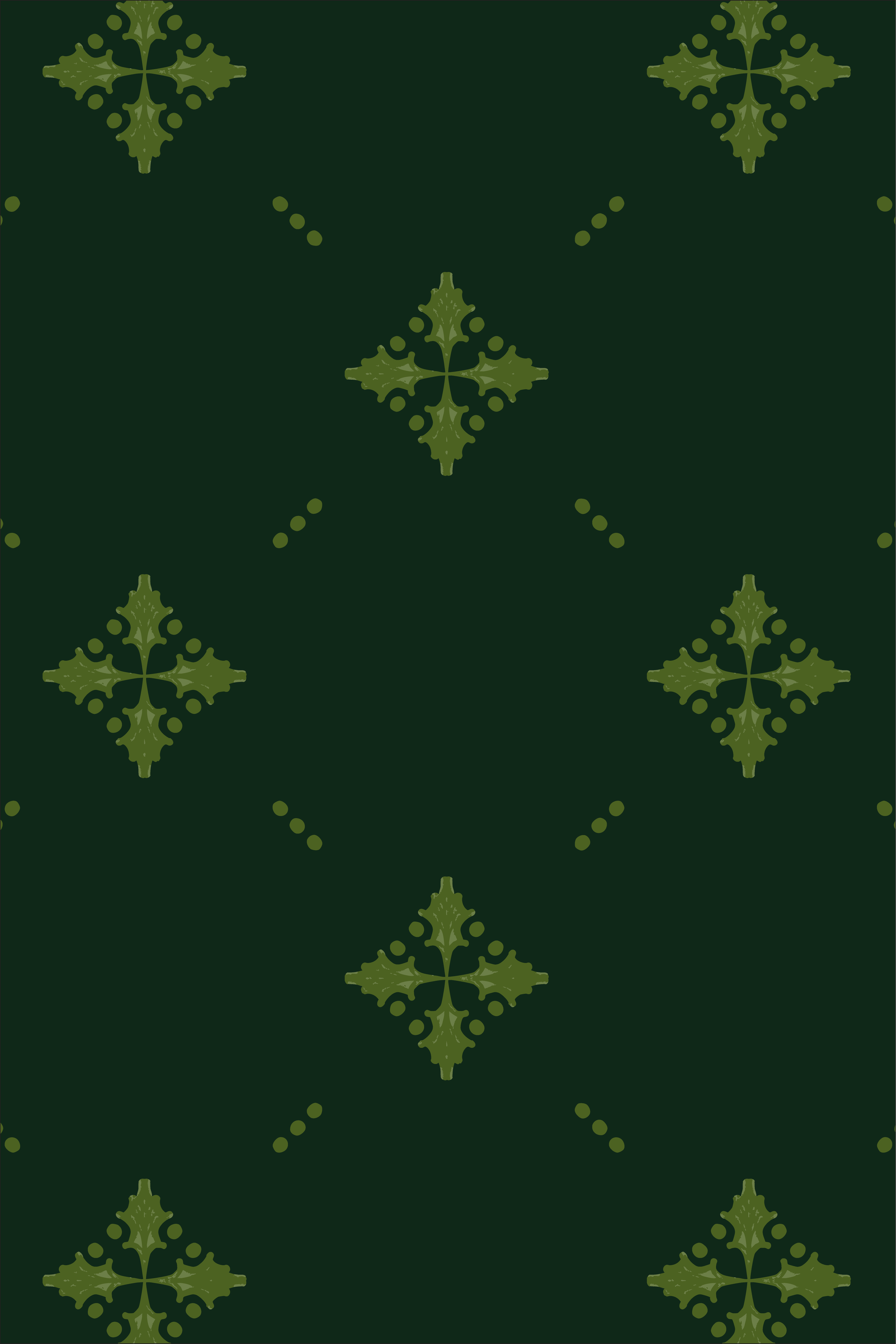 Structured lattice pattern with repeating green botanical forms arranged in a trellis layout on a deep evergreen background