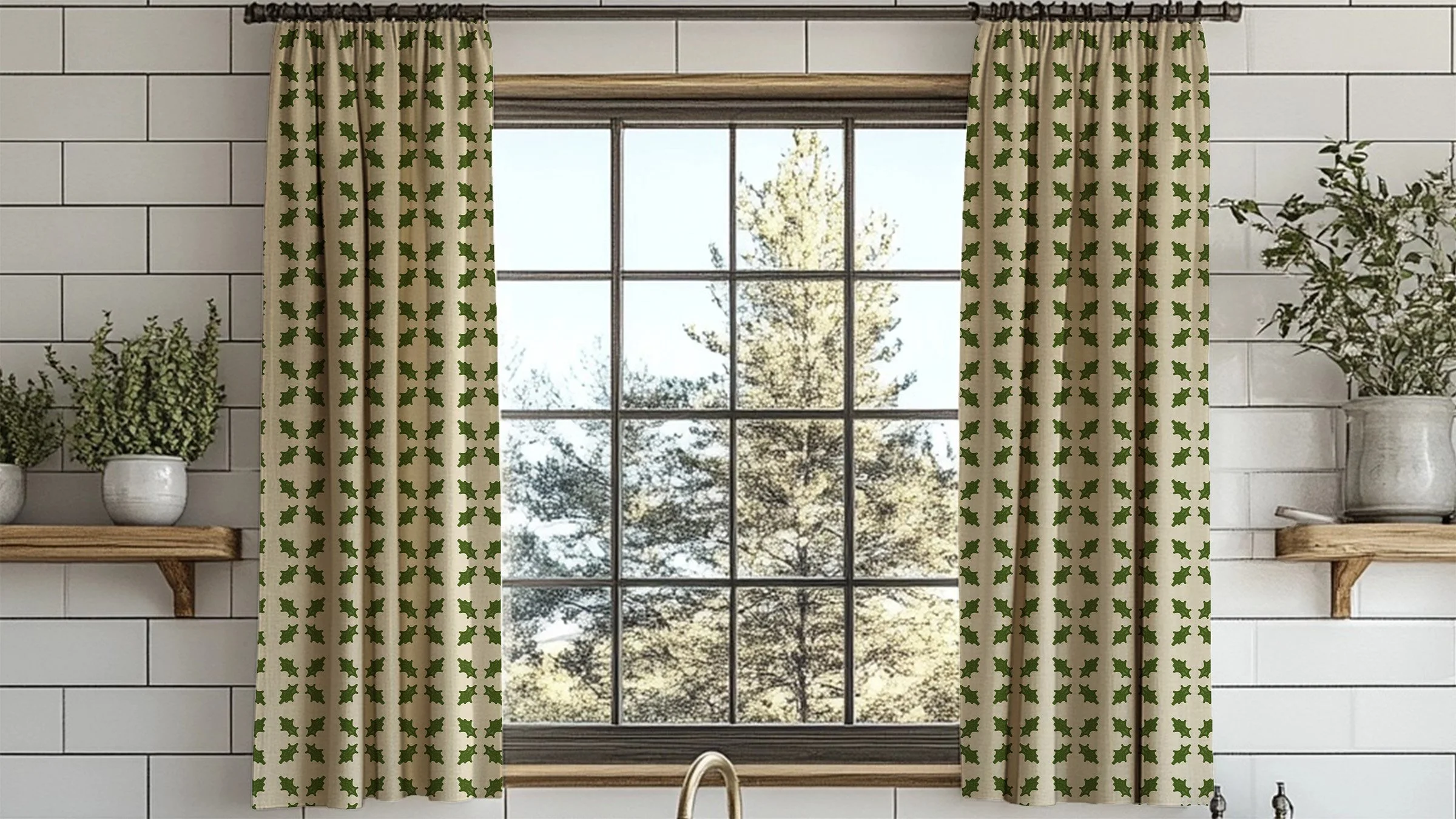 Leaf Cluster Quatrefoil in Heirloom Cream brings a soft, traditional touch to kitchen windows, pairing gentle contrast with an understated botanical rhythm.
