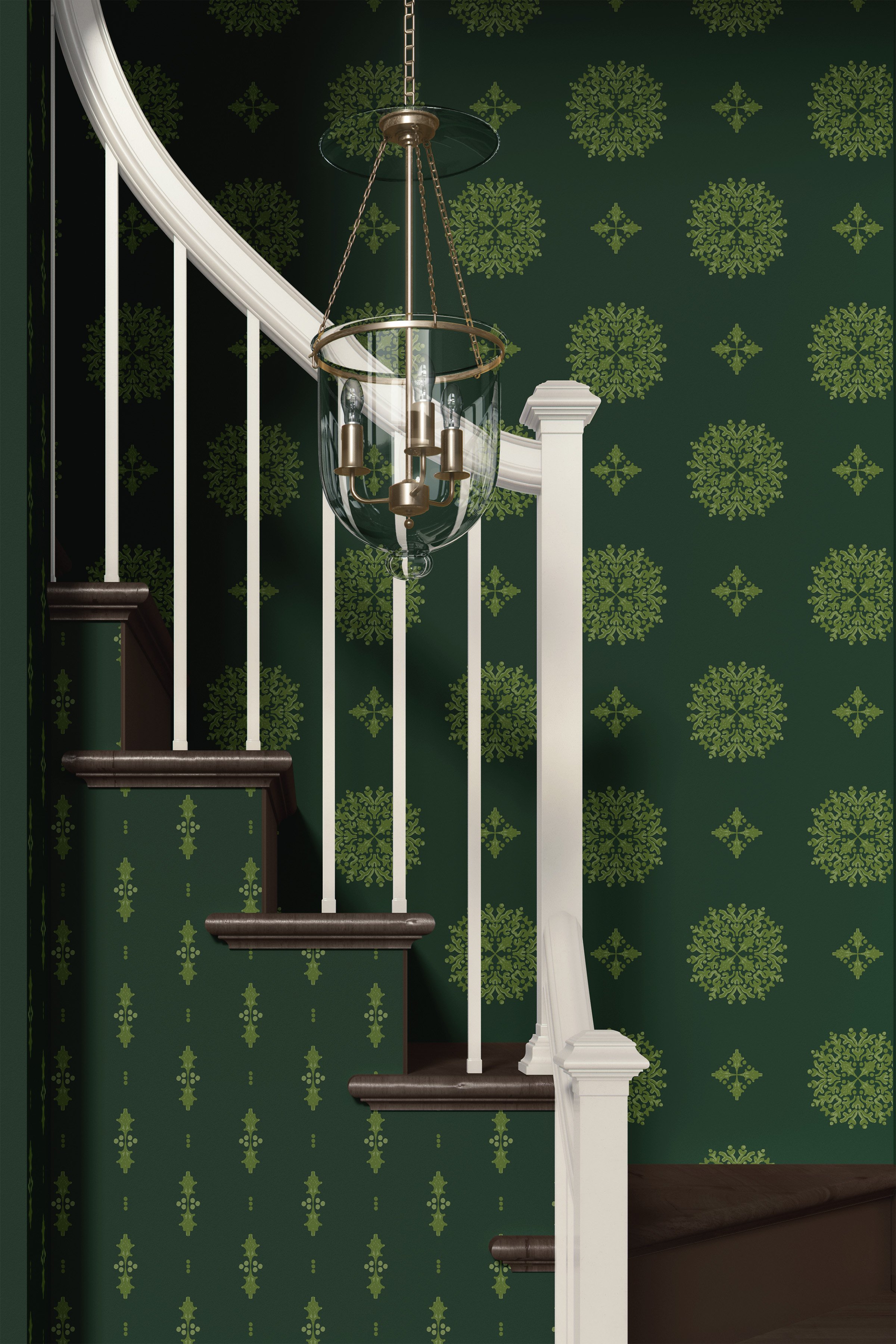 Interior staircase with dark wooden steps, white railing, and dark evergreen wallpaper with lighter greenery medallion patterns. A modern chandelier hangs above.