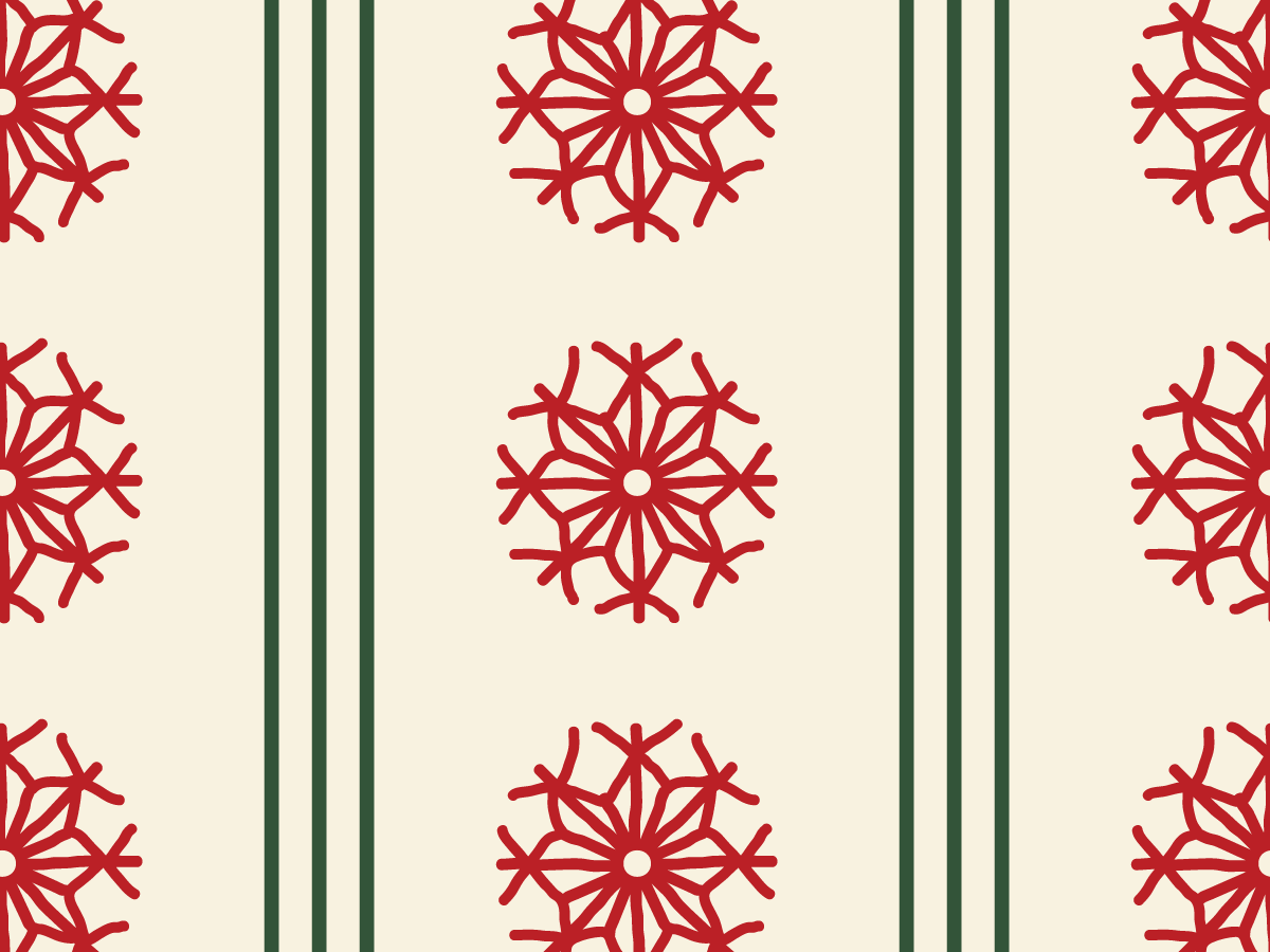 Large red hand-drawn straw ornaments alternating with dark green vertical stripes on warm cream.