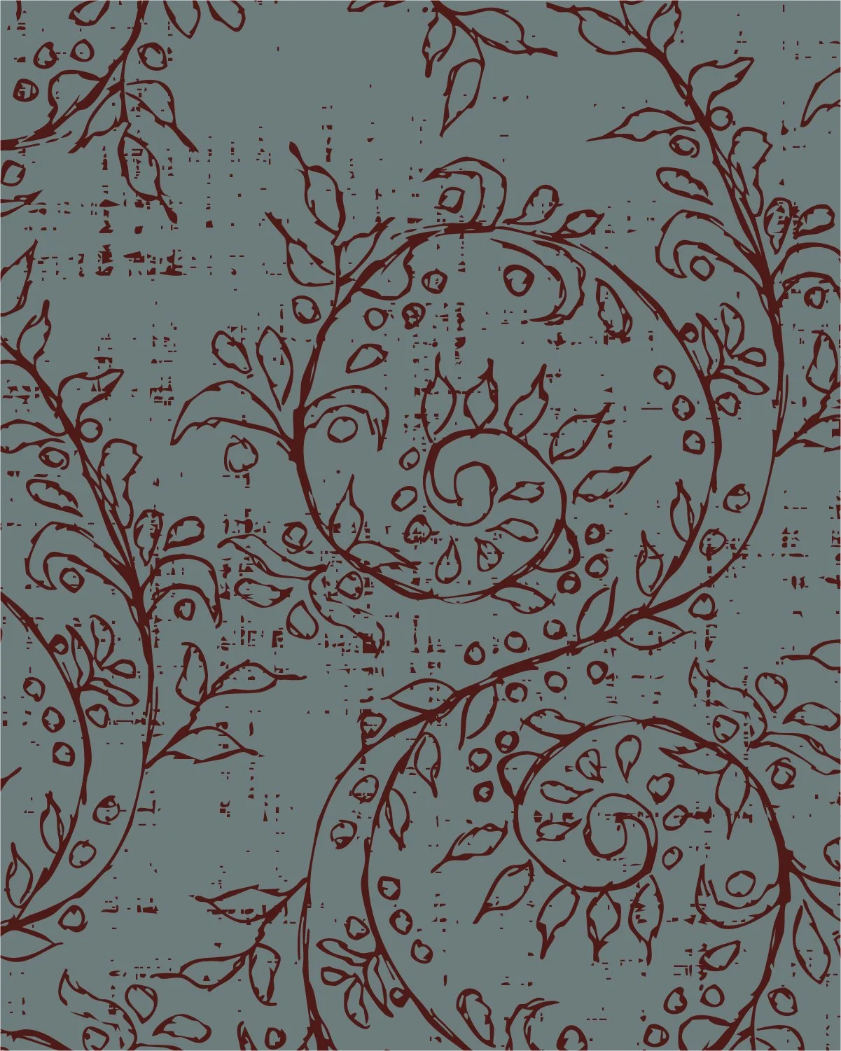 The first repeating Grove Vine surface pattern in burgundy and dusty blue, created from the original hand-drawn botanical vine sketch.