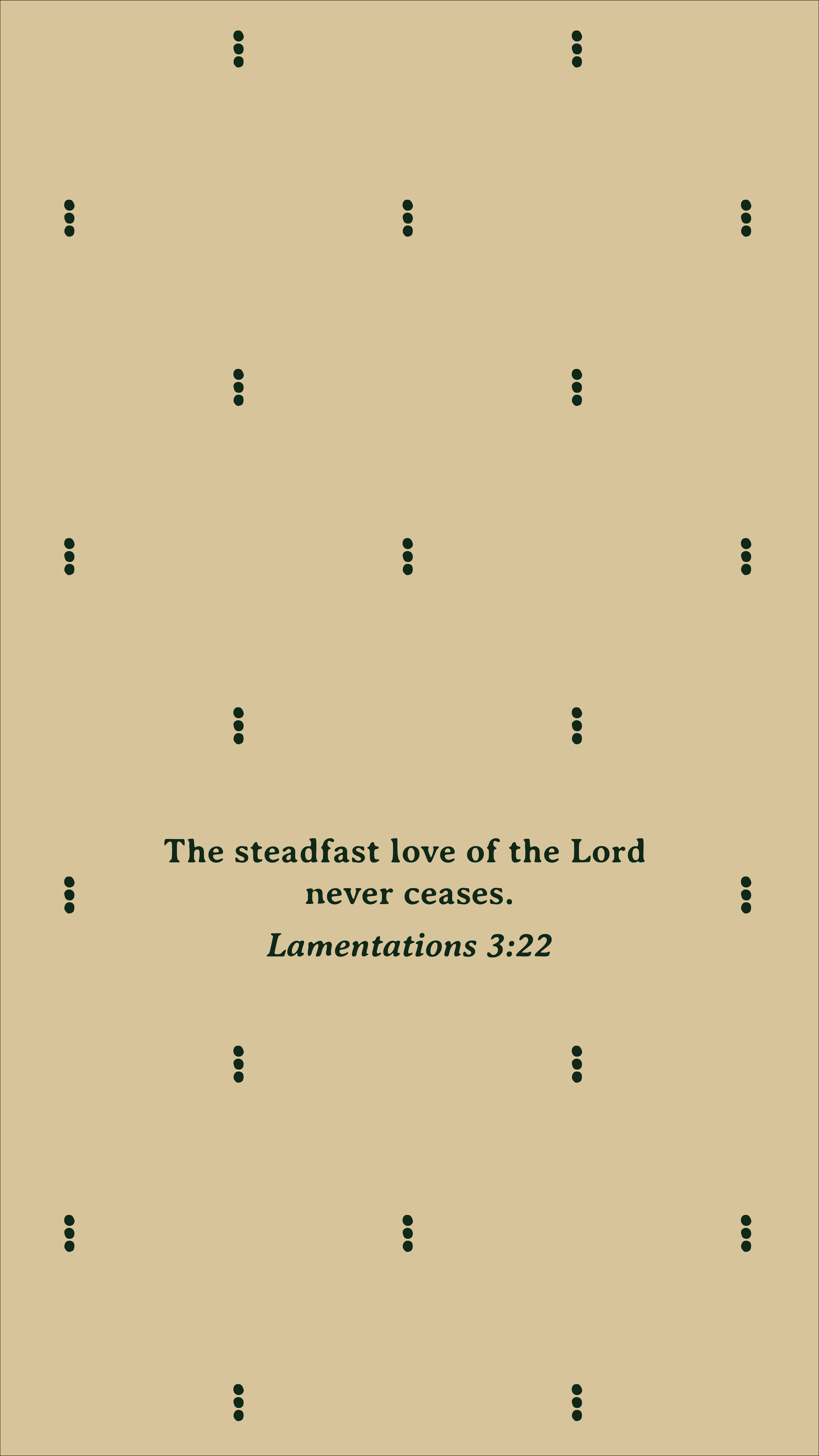 Heirloom Heritage Greenery free phone wallpaper featuring Lamentations 3:22 on a winter wheat snowfall dots pattern with small evergreen dot motifs.