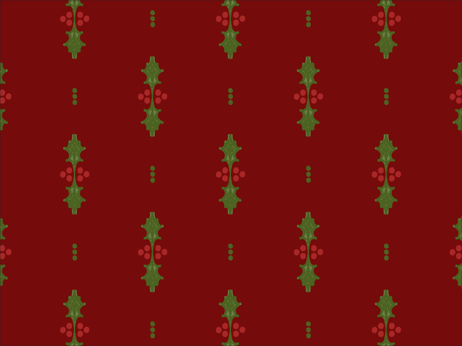 A vertical green and holly stripe pattern with red dots on a crimson background.