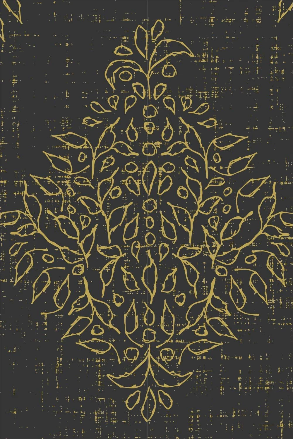 Ochre gold Quiet Garden Damask pattern on a charcoal gray background.