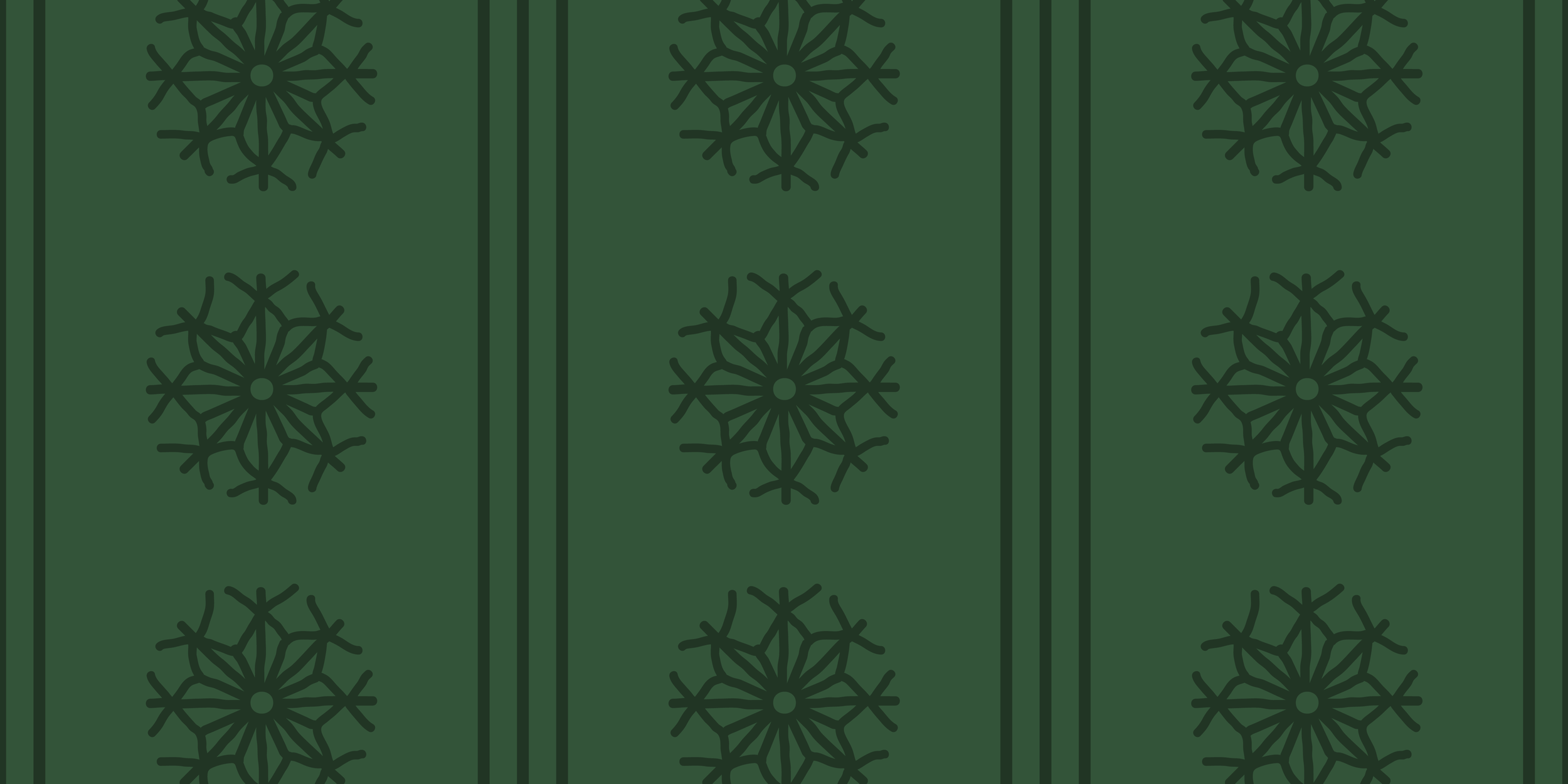 Dark green Christmas stripe design with rows of snowflake ornaments on a green background.