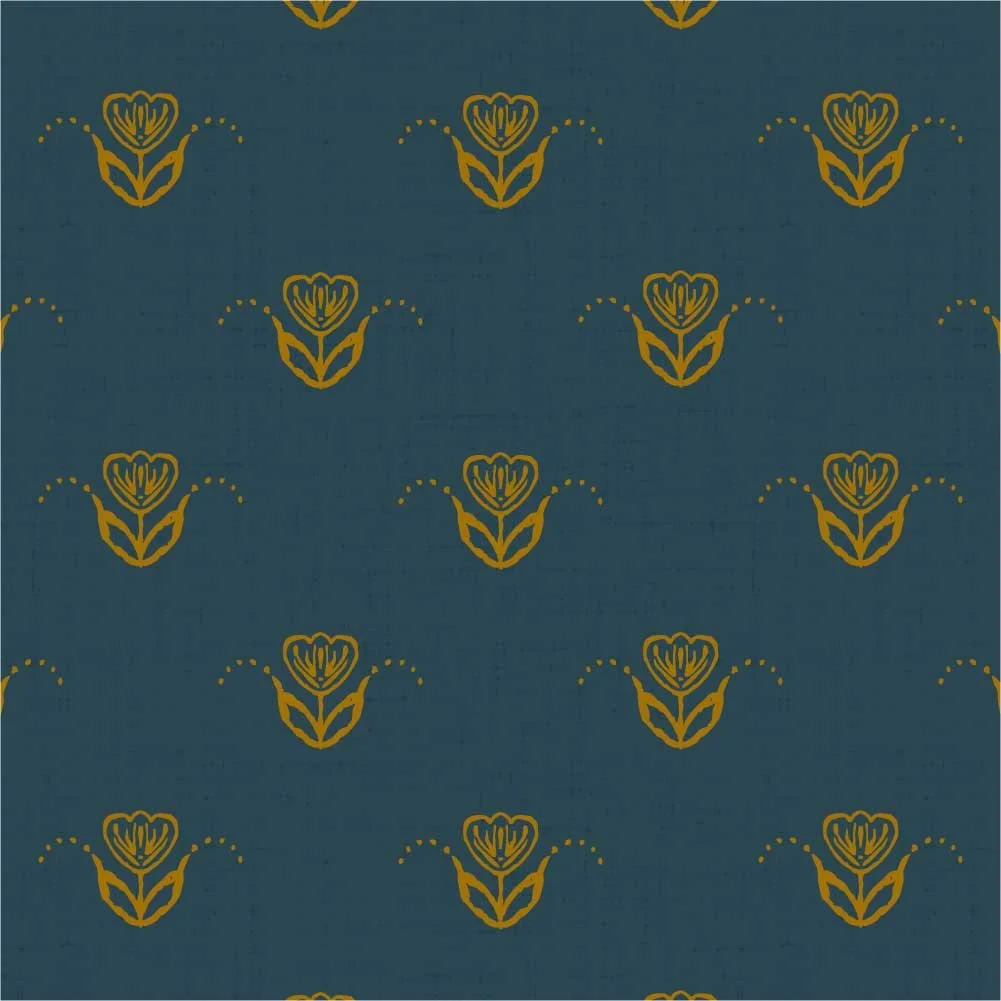 Scandinavian Tulip Garden pattern with closely spaced antique gold tulips in staggered rows on a textured fjord teal background.
