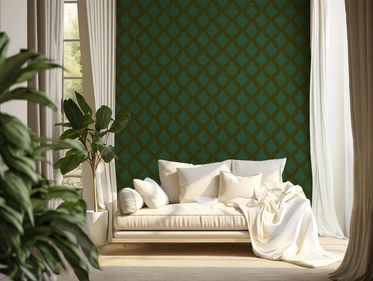 Lagoon Dark Olive Quiet Garden Damask wallpaper in a bright living room with an ivory sofa, white curtains and lush green plants.