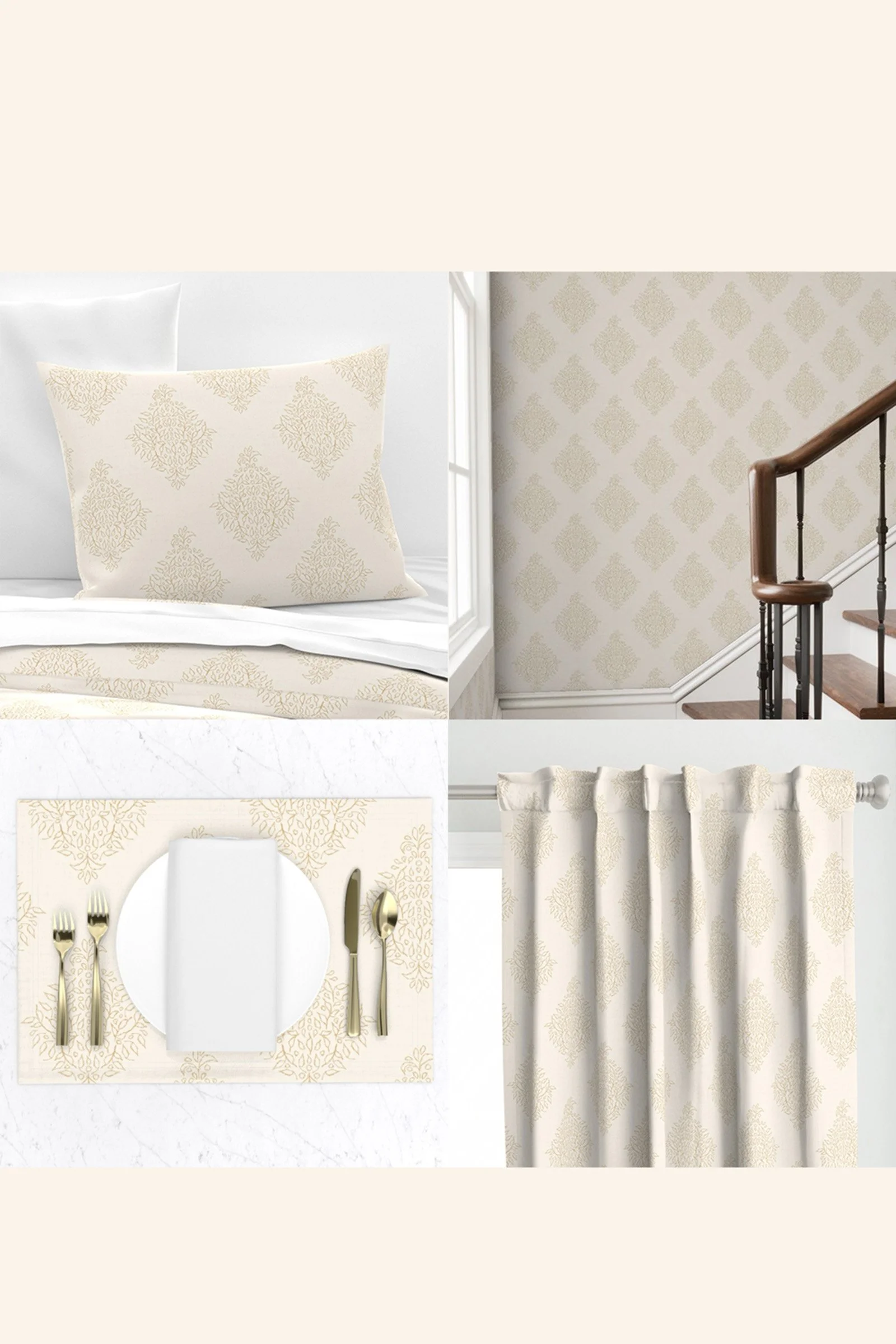 Quiet Garden floral pattern in warm antique ivory and gold shown on bedding, traditional staircase wallpaper, table linens, and curtains.