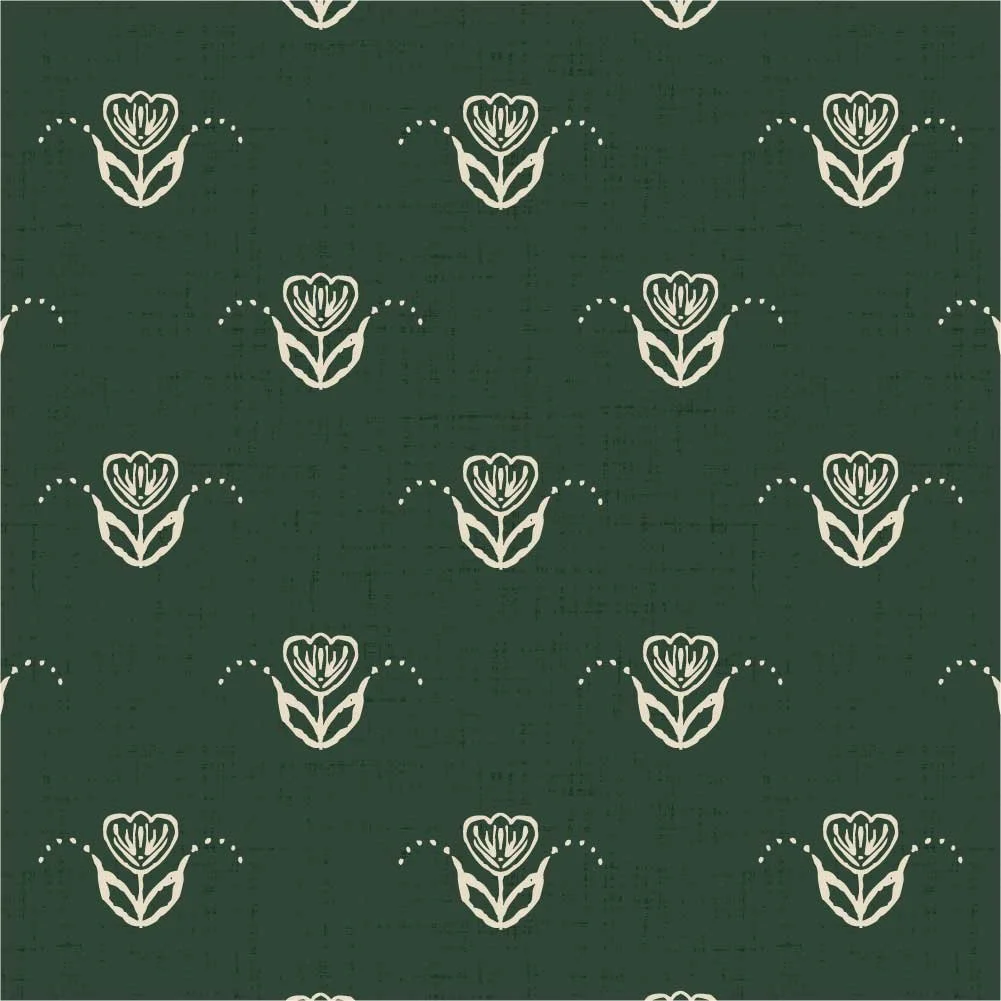 Scandinavian Tulip Garden pattern with closely spaced ivory tulips in staggered rows on a textured forest green background.