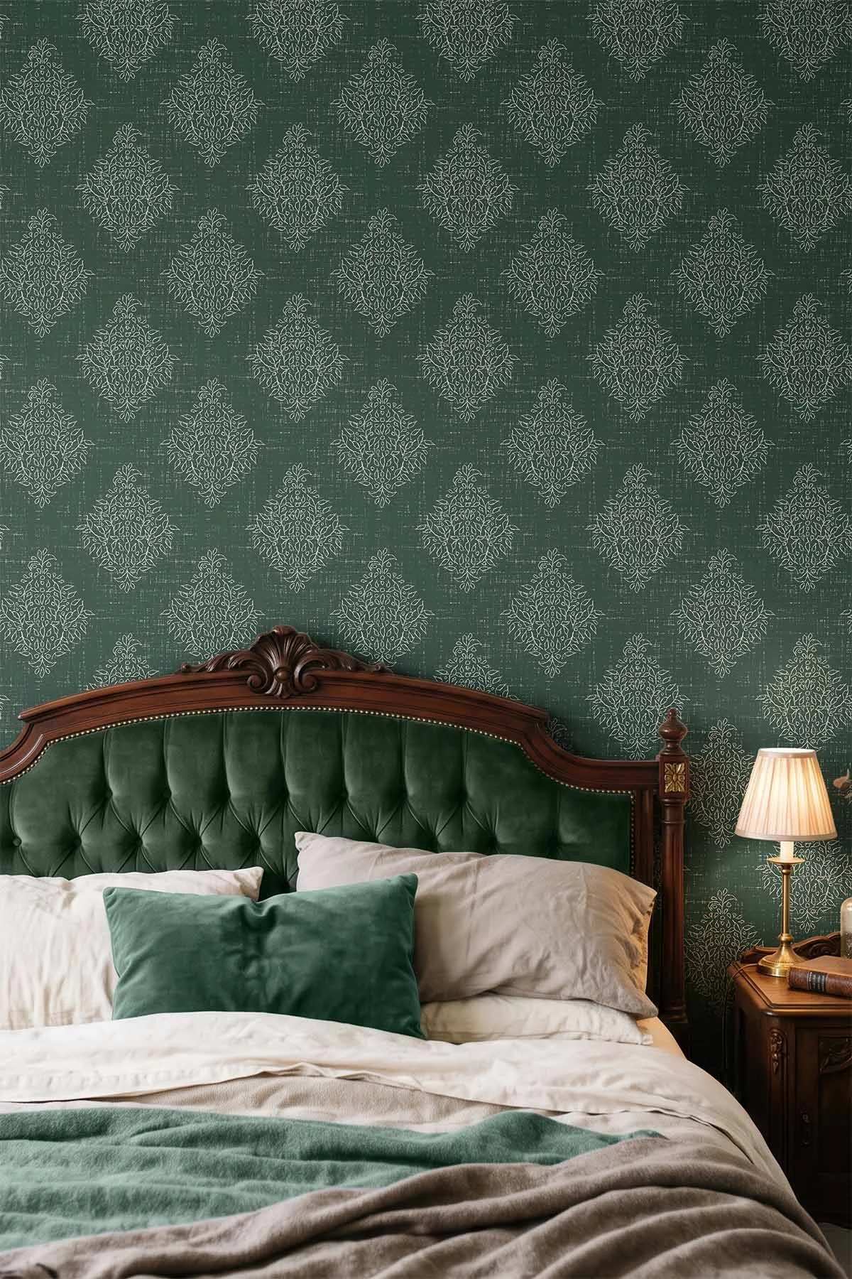 Forest green bedroom with botanical damask wallpaper, a carved wooden headboard upholstered in green, ivory bedding, a green accent pillow, layered blankets, and a brass bedside lamp.