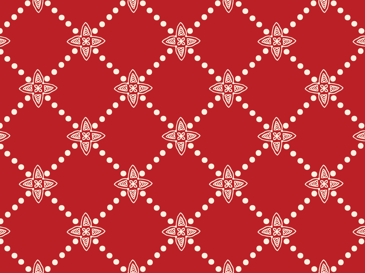 Cream hand-drawn floral stars connected by dotted cream lines on a bright red background.