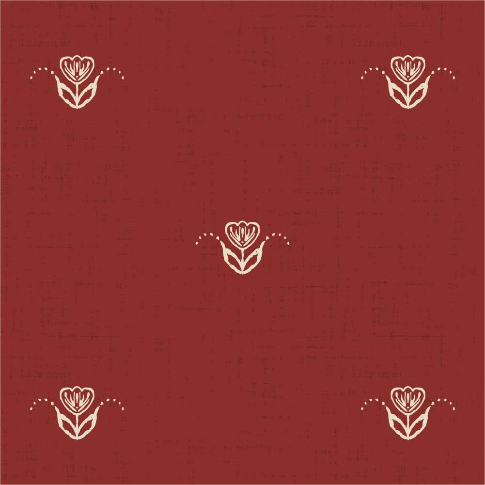 Scandi Tulip pattern with widely spaced ivory tulips on a textured red background.