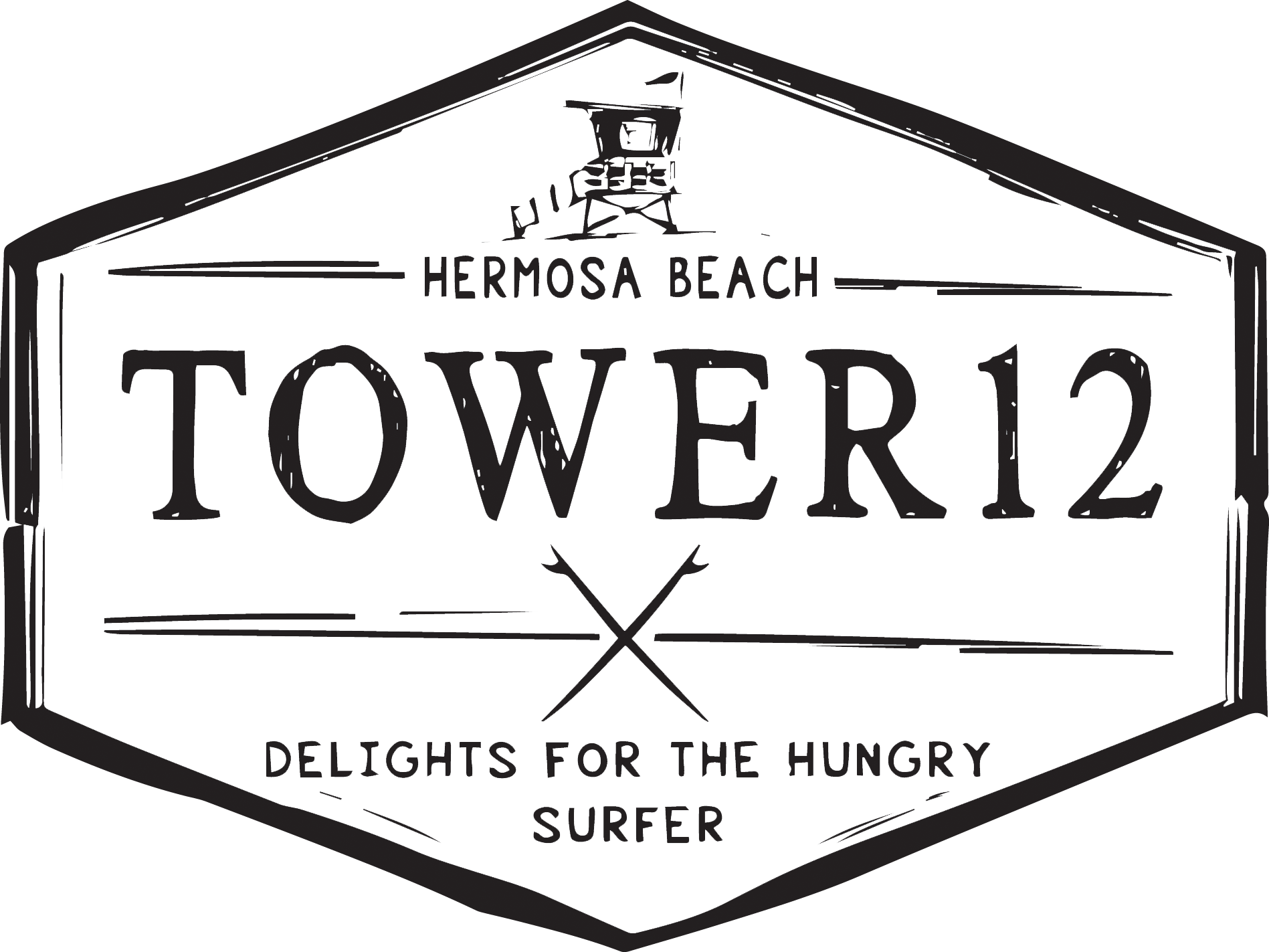 Sign for Tower 12 at Hermosa Beach, with a small illustration of a lifeguard tower at the top, and text indicating it offers delights for hungry surfers.