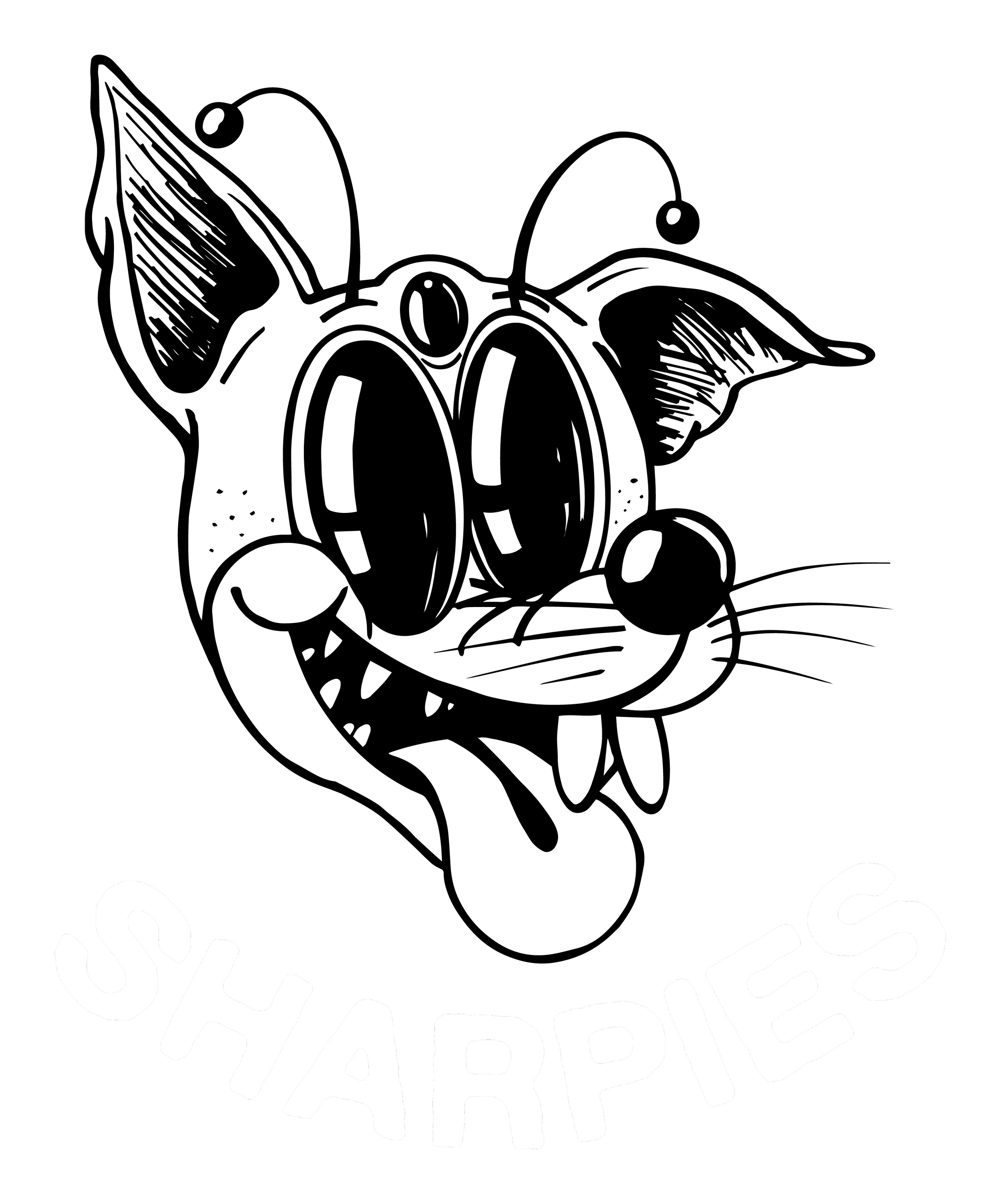 Black and white cartoon-style illustration of a mischievous-looking cat with oversized eyes, a big smile showing sharp teeth, and the word 'SHARPIES' written below.