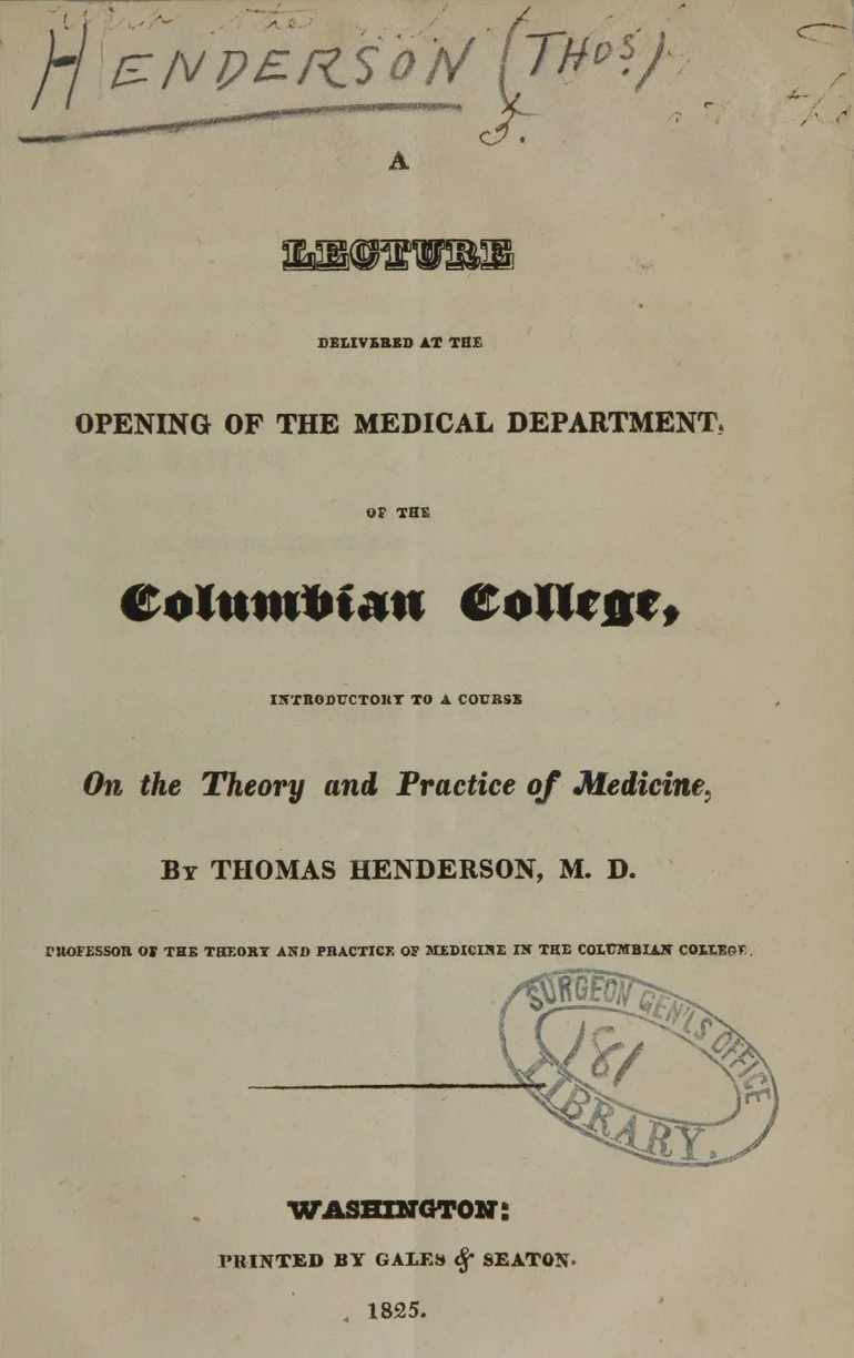  Cover of the printed lecture Dr. Henderson gave at Columbian College in 1825 