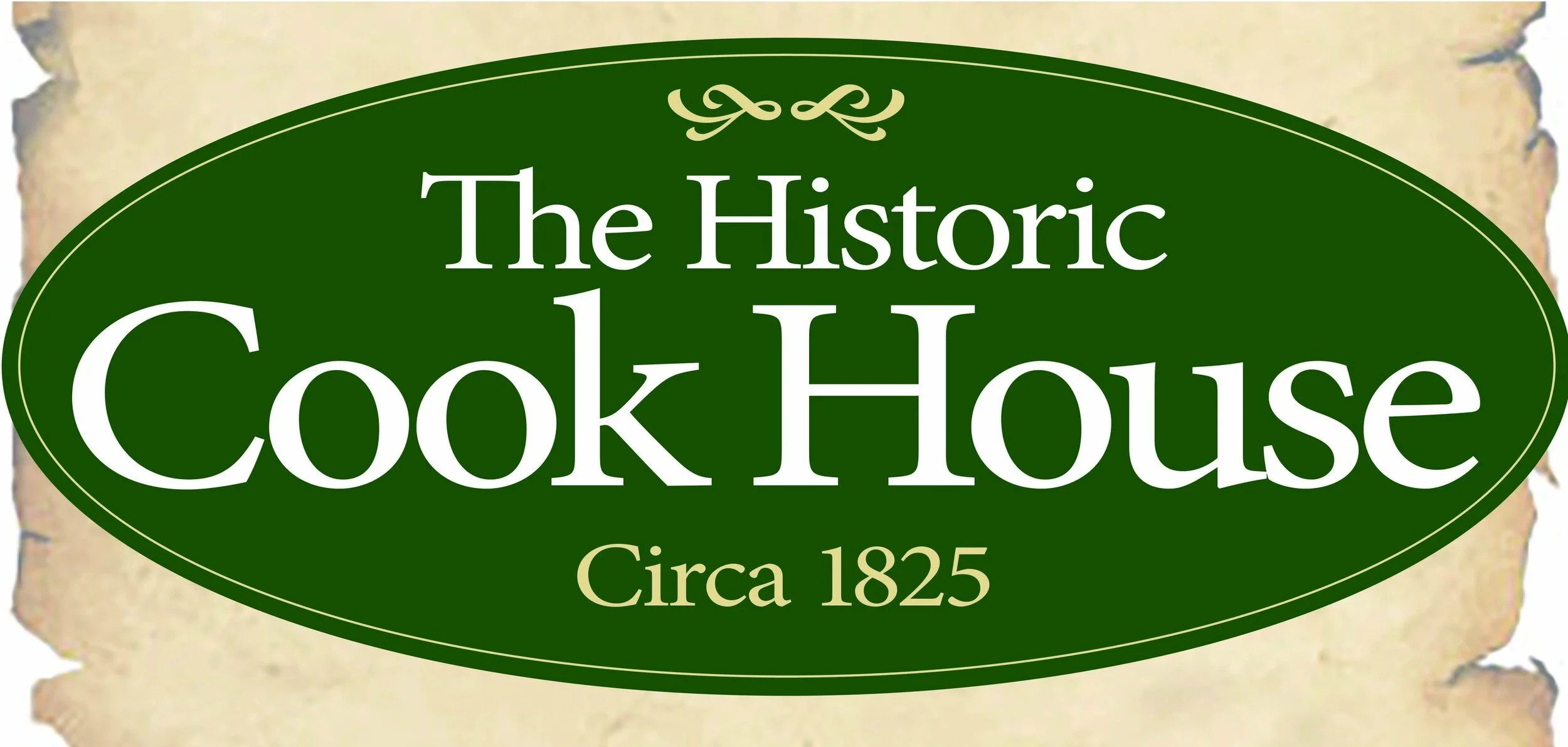 Logo for The Historic Cook House, established circa 1825, featuring a green oval background with white and beige text.