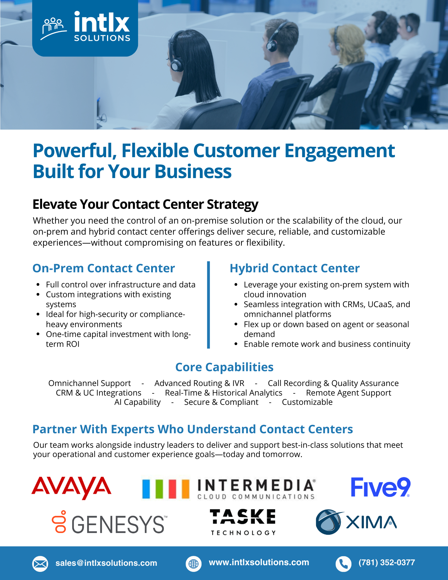 Company flyer for Intlvl Solutions marketing customer engagement services, showing customer service representatives at headsets in a call center, with headings and bullet points about contact center options and features, and logos of partner companies.