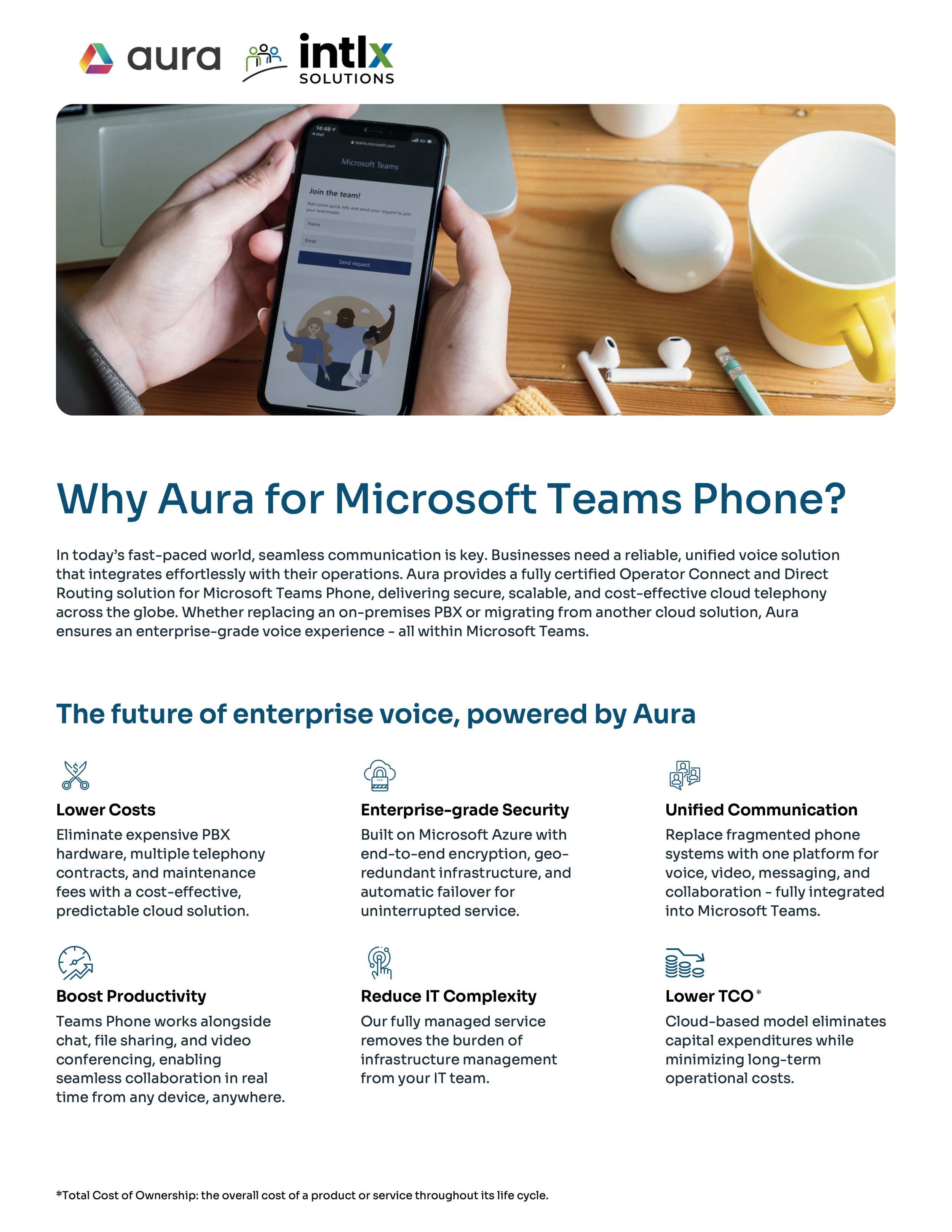 Document discussing Aura's benefits for Microsoft Teams Phone, highlighting cost savings, security, unified communication, productivity, IT management, and cost of ownership, with a photo of a person holding a smartphone showing Microsoft Teams.