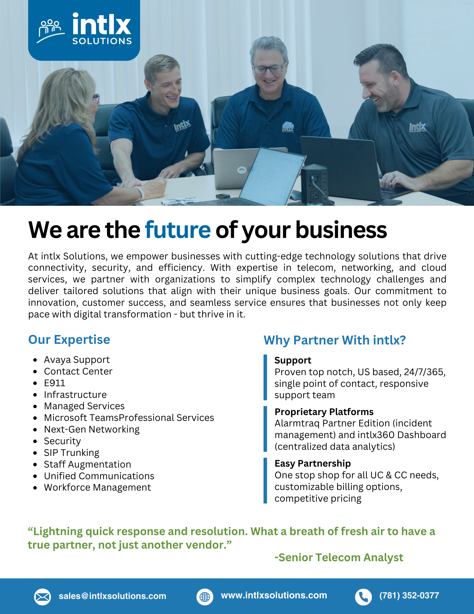 A team of five people sitting around a conference table, smiling and working on laptops during a meeting, with the company's logo and contact information displayed.