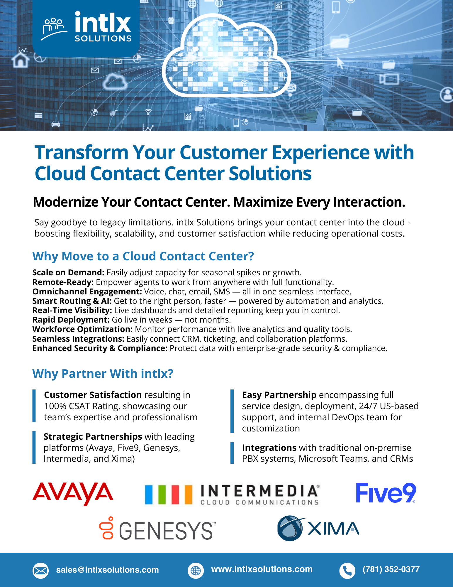 Advertisement for Intlx Solutions promoting cloud contact center solutions. Features include scalability, remote functionality, omnichannel engagement, real-time dashboards, rapid deployment, performance monitoring, integrations, and security. Logos of Avaya, Intermedia, Five9, Genesys, and Xima at the bottom.