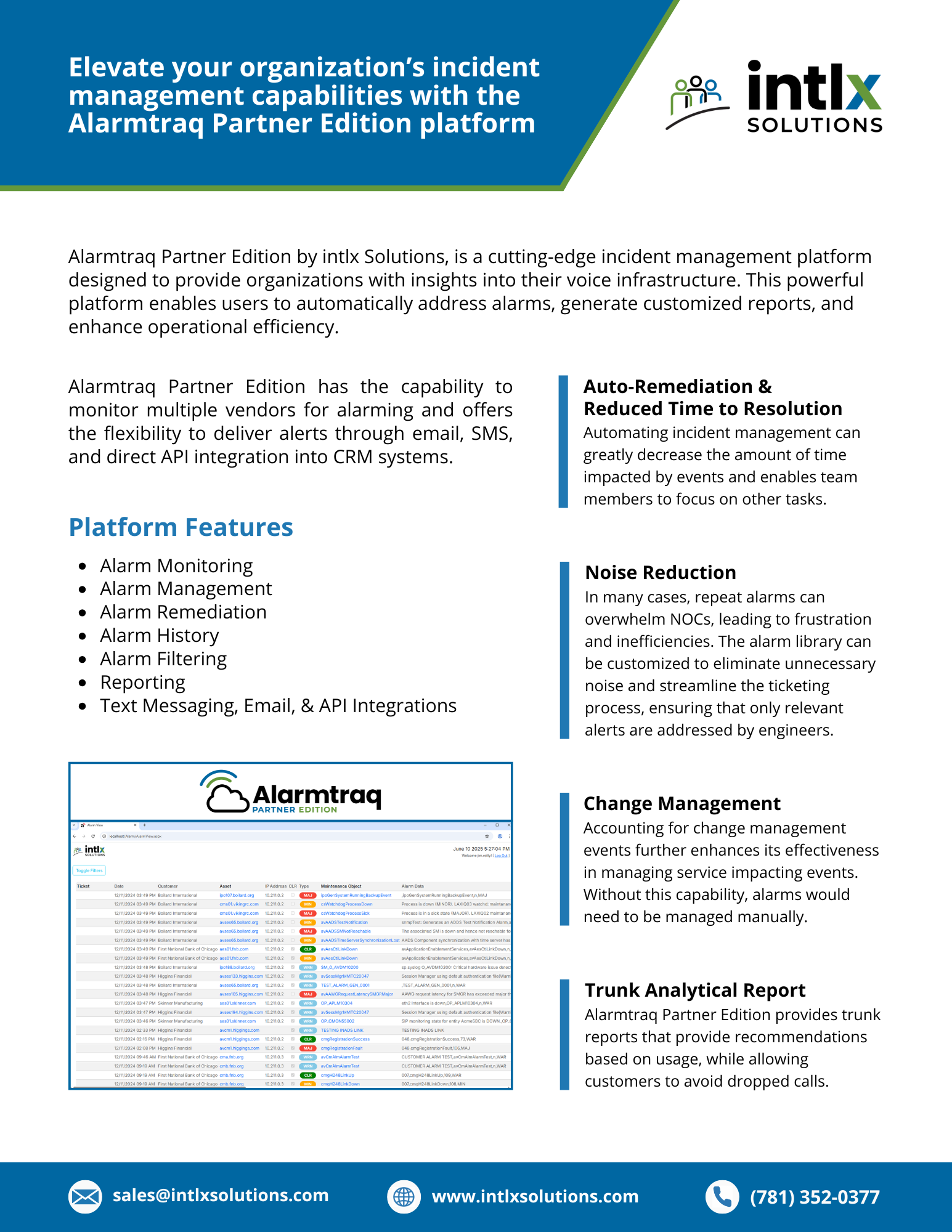 Informational flyer about intlx Solutions Alarmtr aq Partner Edition platform with features like alarm monitoring, management, remediation, history, filtering, reporting, and integrations, along with benefits like auto-remediation, noise reduction, change management, and trunk reports.
