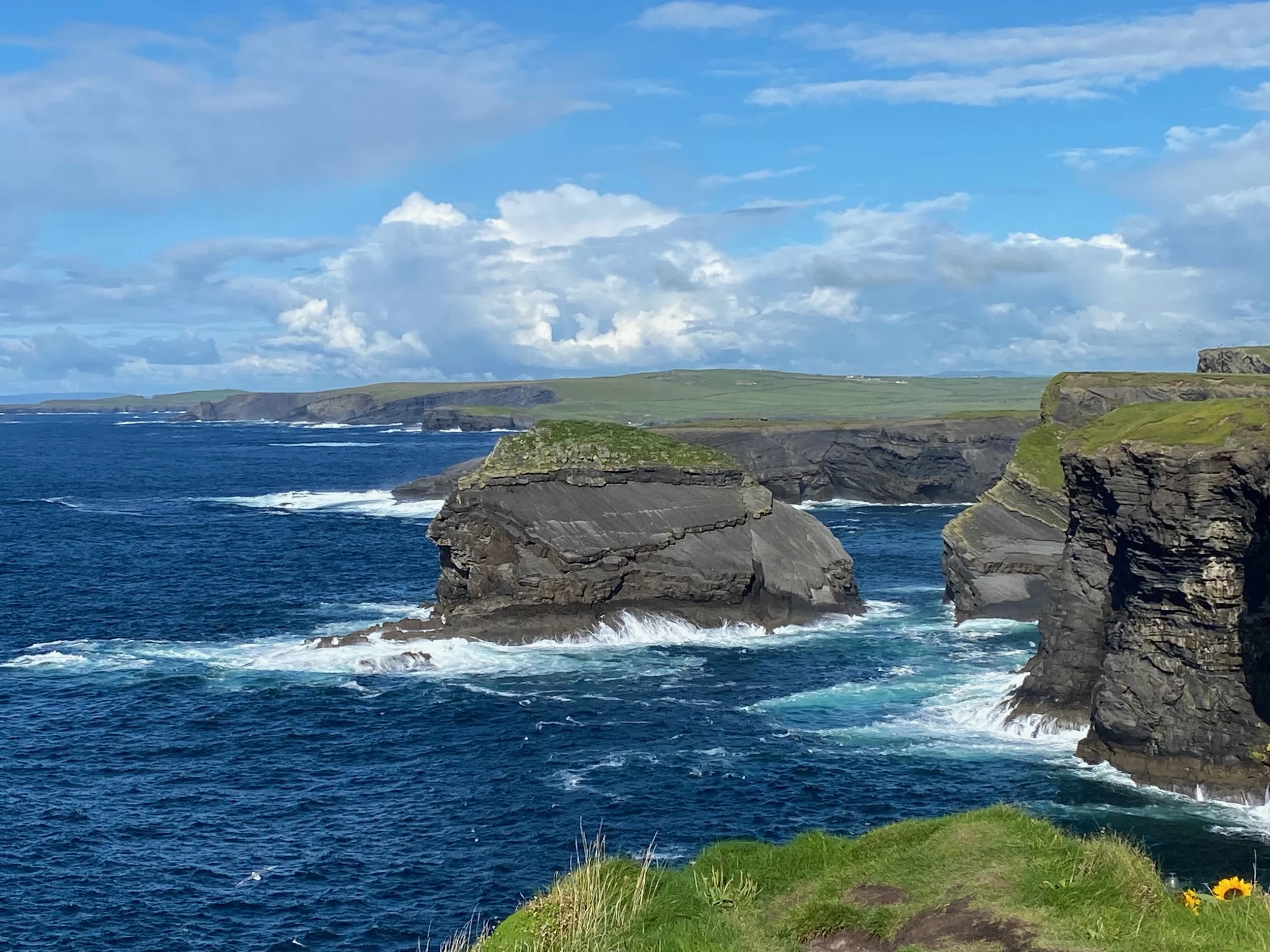 The ocean and blue skies and green fields