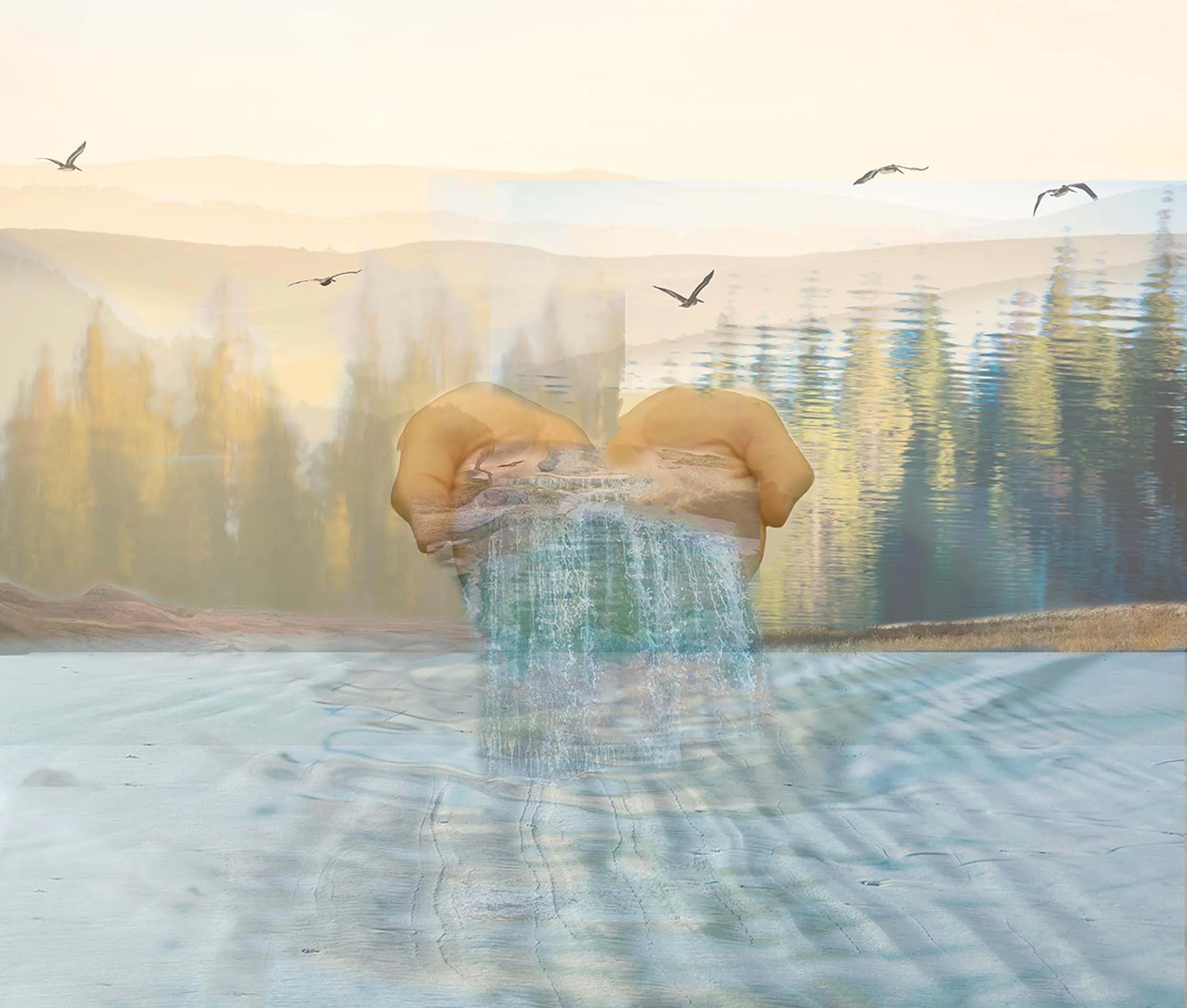 A double exposure image blending a landscape with water, trees, and mountains with hands cupping water, and birds flying above.