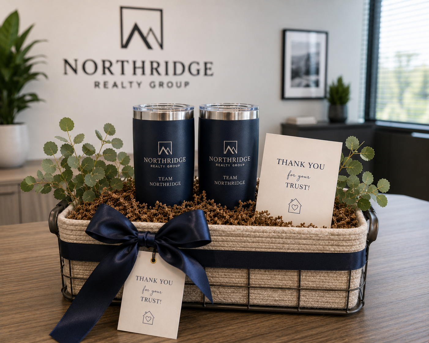 a gift basket containing branded stainless steel tumblers