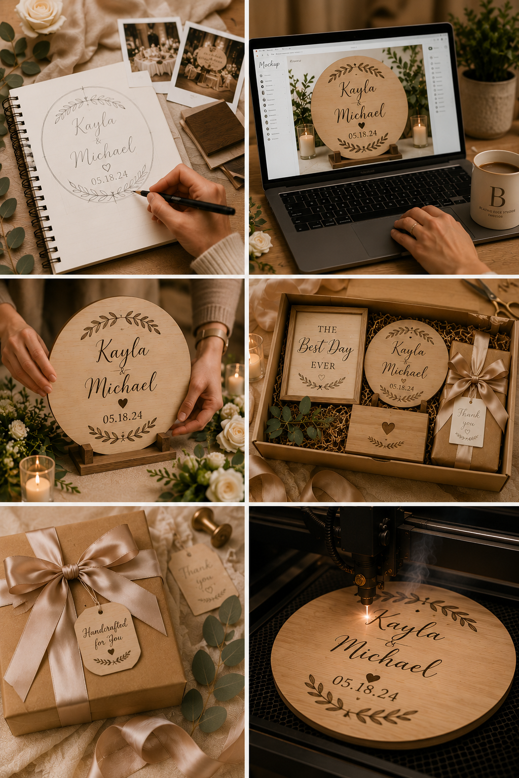 A collage demonstrating the process of designing and creating personalized wooden signs for a wedding, with images of hand-drawing, digital mockup, finishing, packaging, and laser engraving.
