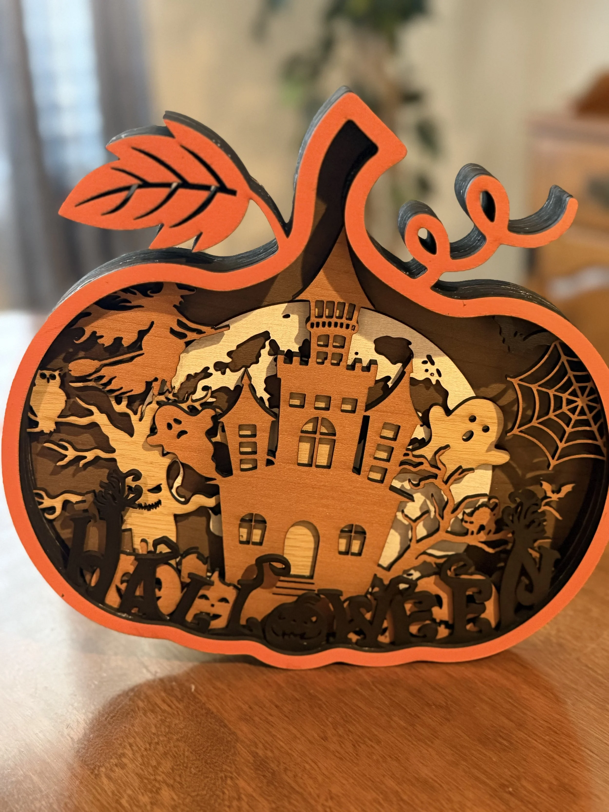 Layered Wooden Halloween Pumpkin – Haunted House & Ghost Scene