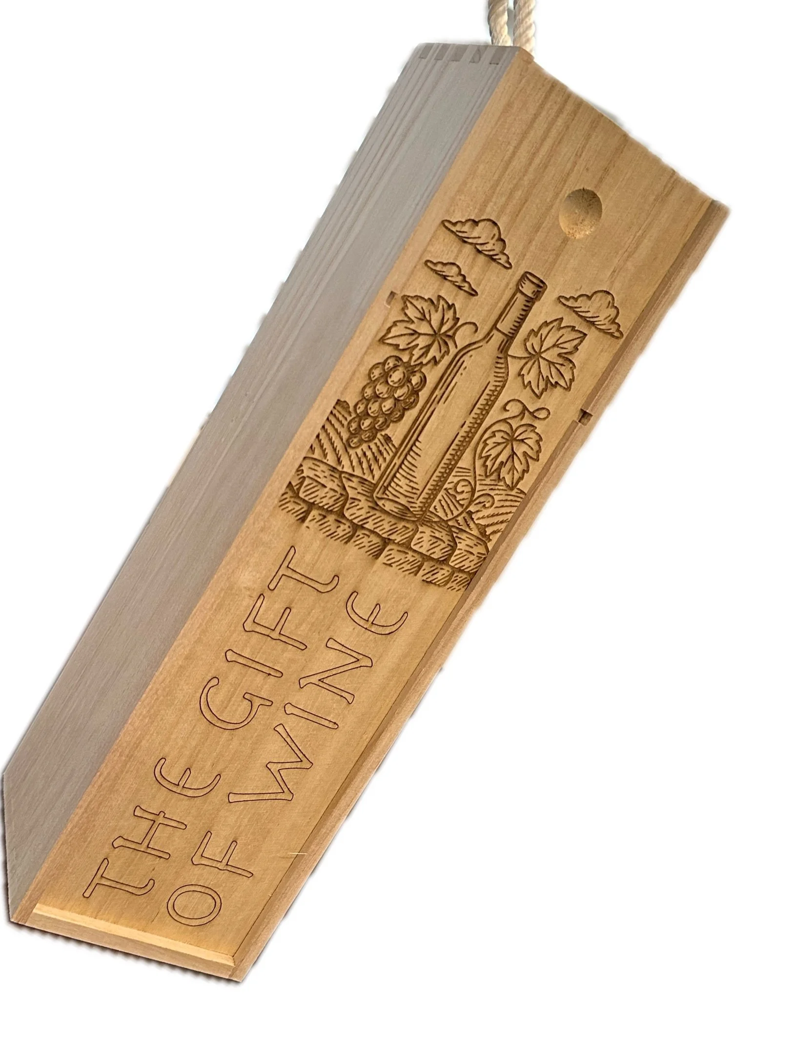 A wooden wine box with engraved design of a wine bottle surrounded by grapes and leaves, and the words "The Gift of WINE" engraved on it.
