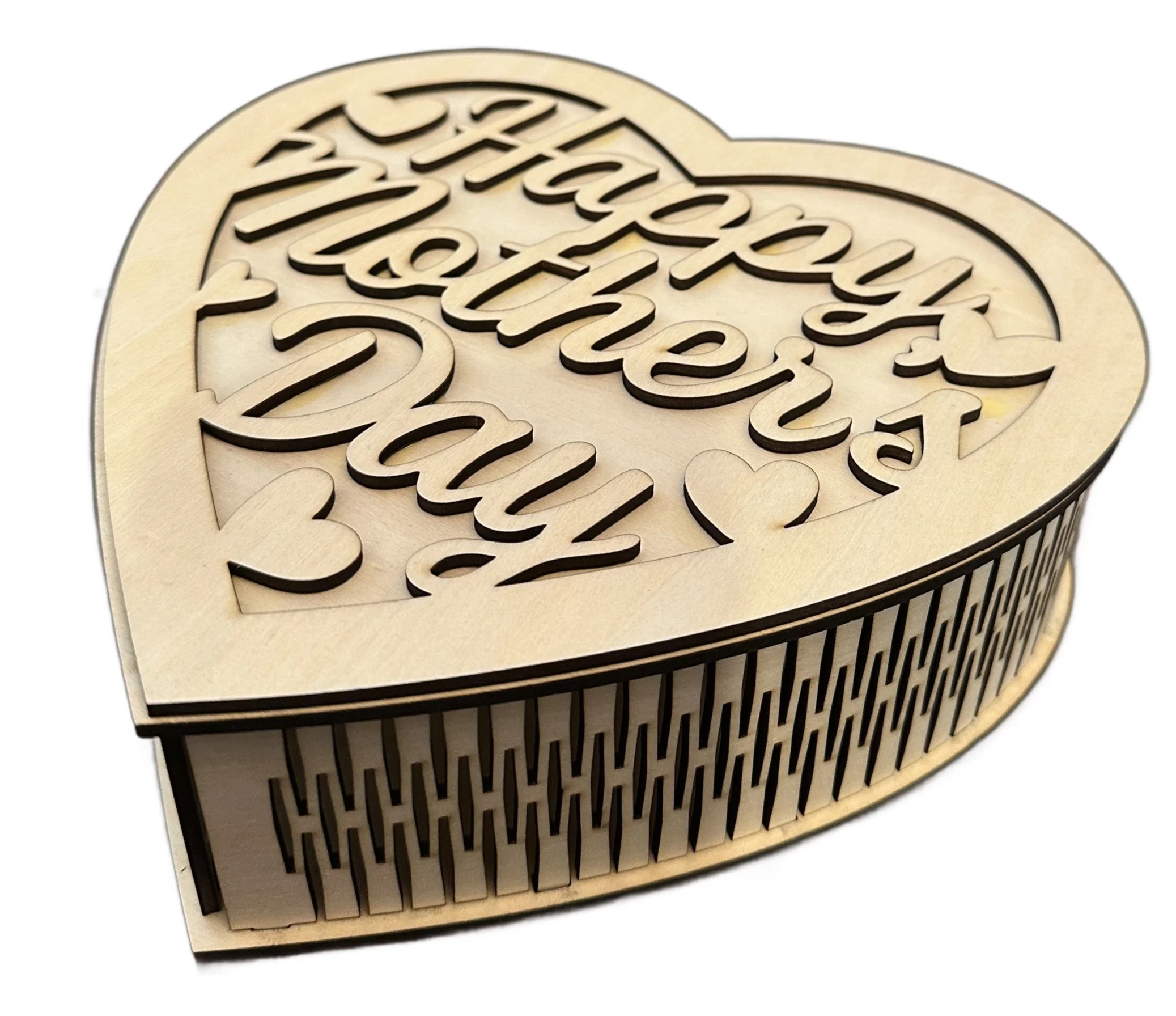 A heart-shaped wooden box with a lid featuring a cut-out message that says 'Happy Mother's Day' with small heart accents.