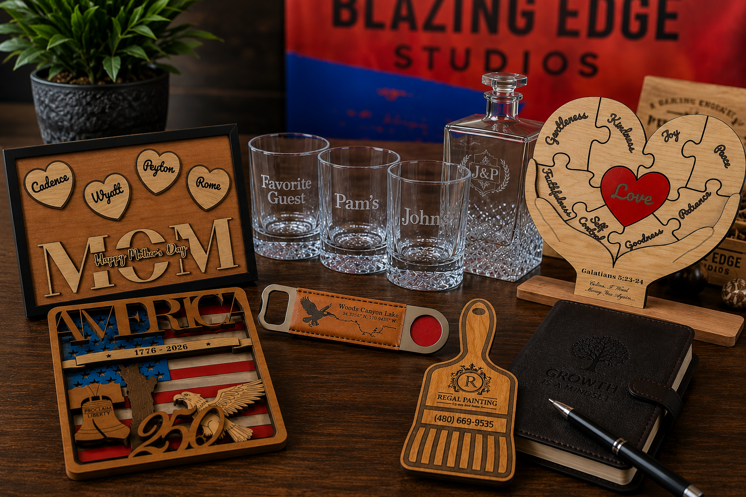 gift display includes three personalized glasses, a decorative wooden puzzle heart with words like kindness, joy, and love, a small wooden tag with an eagle and park information, a black leather growth mindset notebook with a pen, a framed wooden art piece with names and 'Happy Mother's Day,' and various other wooden and metal decorative items on a wooden table.